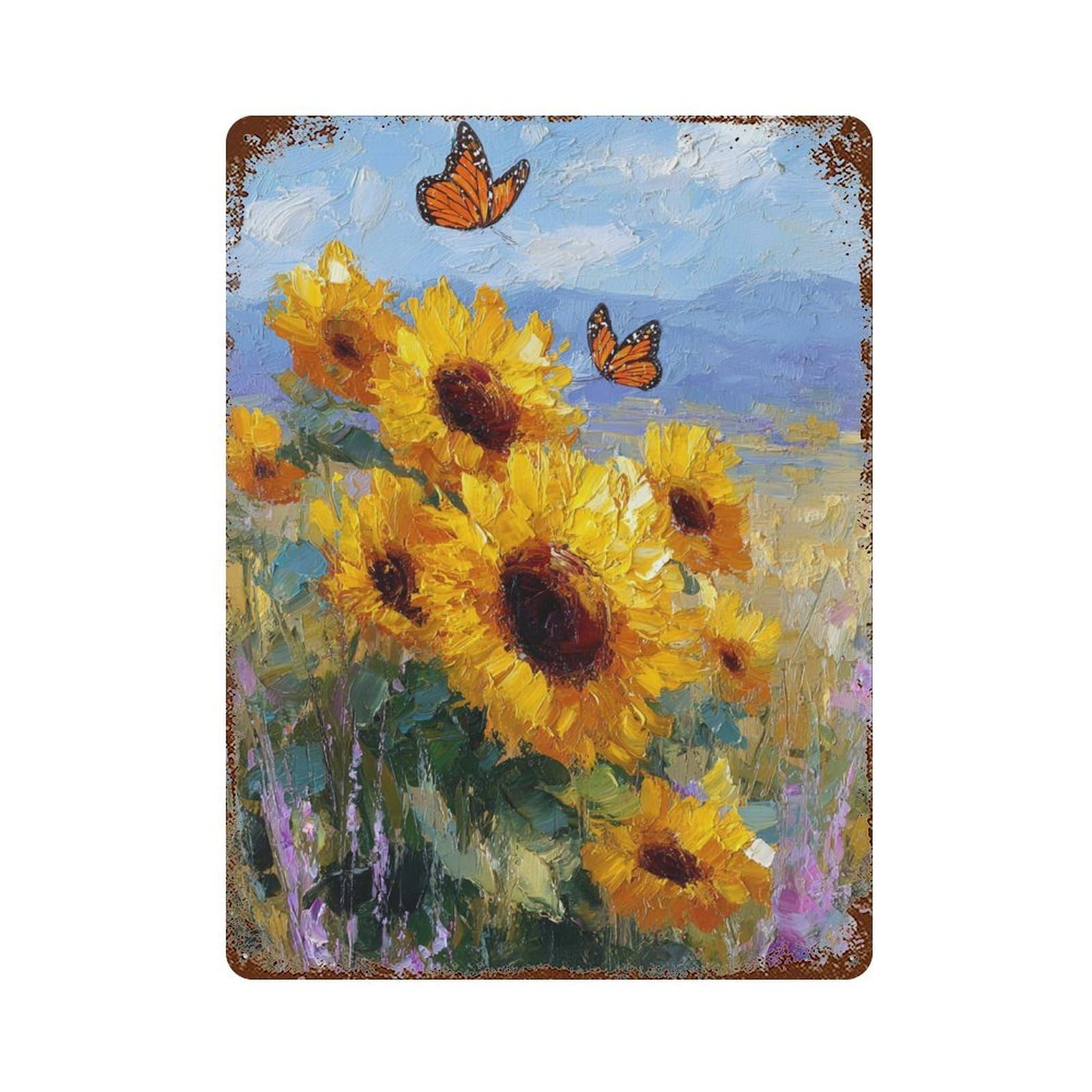 Sunflower Field with Butterflies 15.7"x11.8" Rust Effect Tin Sign, Old School Wall Decor for Pub, Kitchen And Man Cave Decor