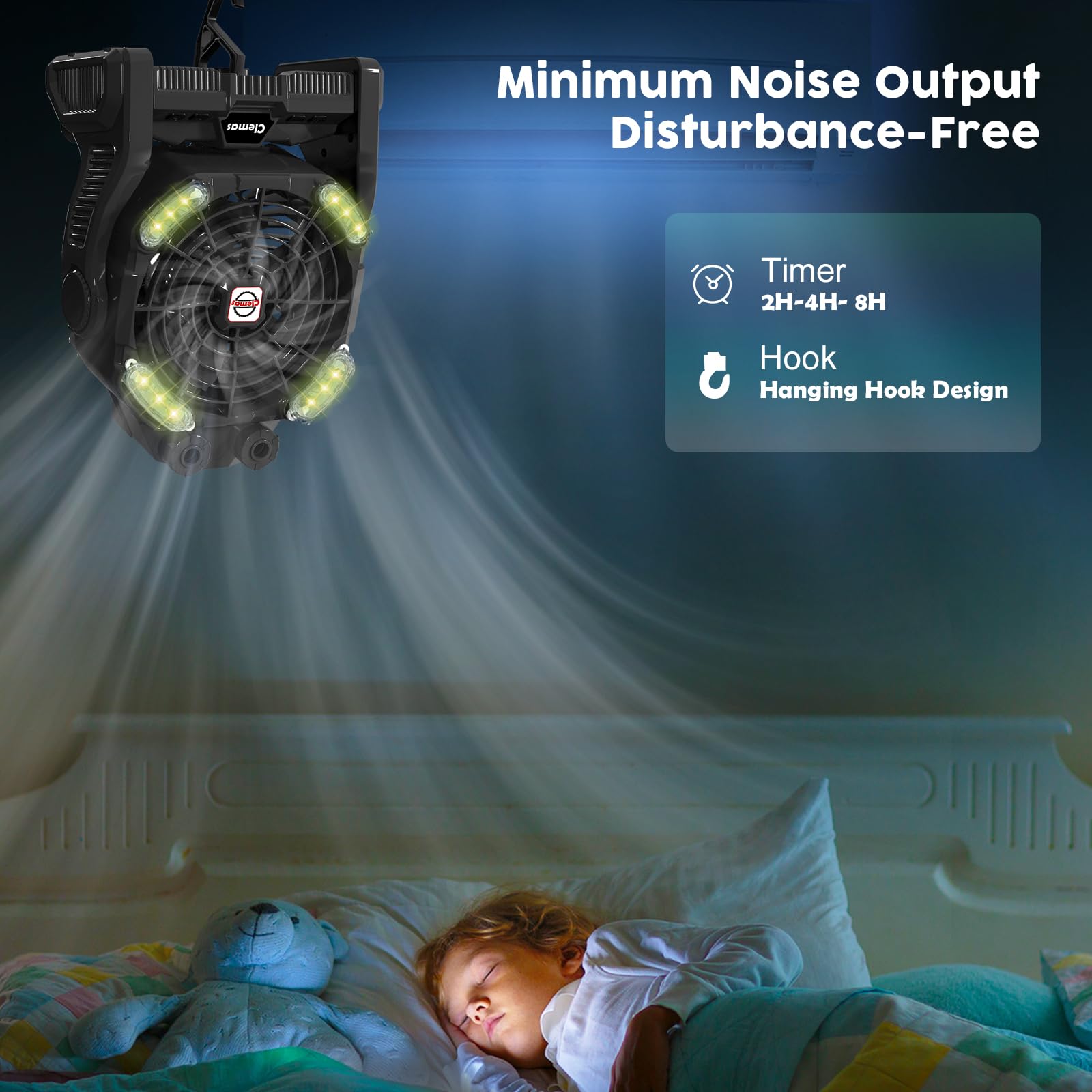 Clemas Grand Ventilateur de Camping avec Brumisateur Rechargeable Portable 14000mAh/26000mAh RGB LED Minuteur Alimentation Extérieur Urgences