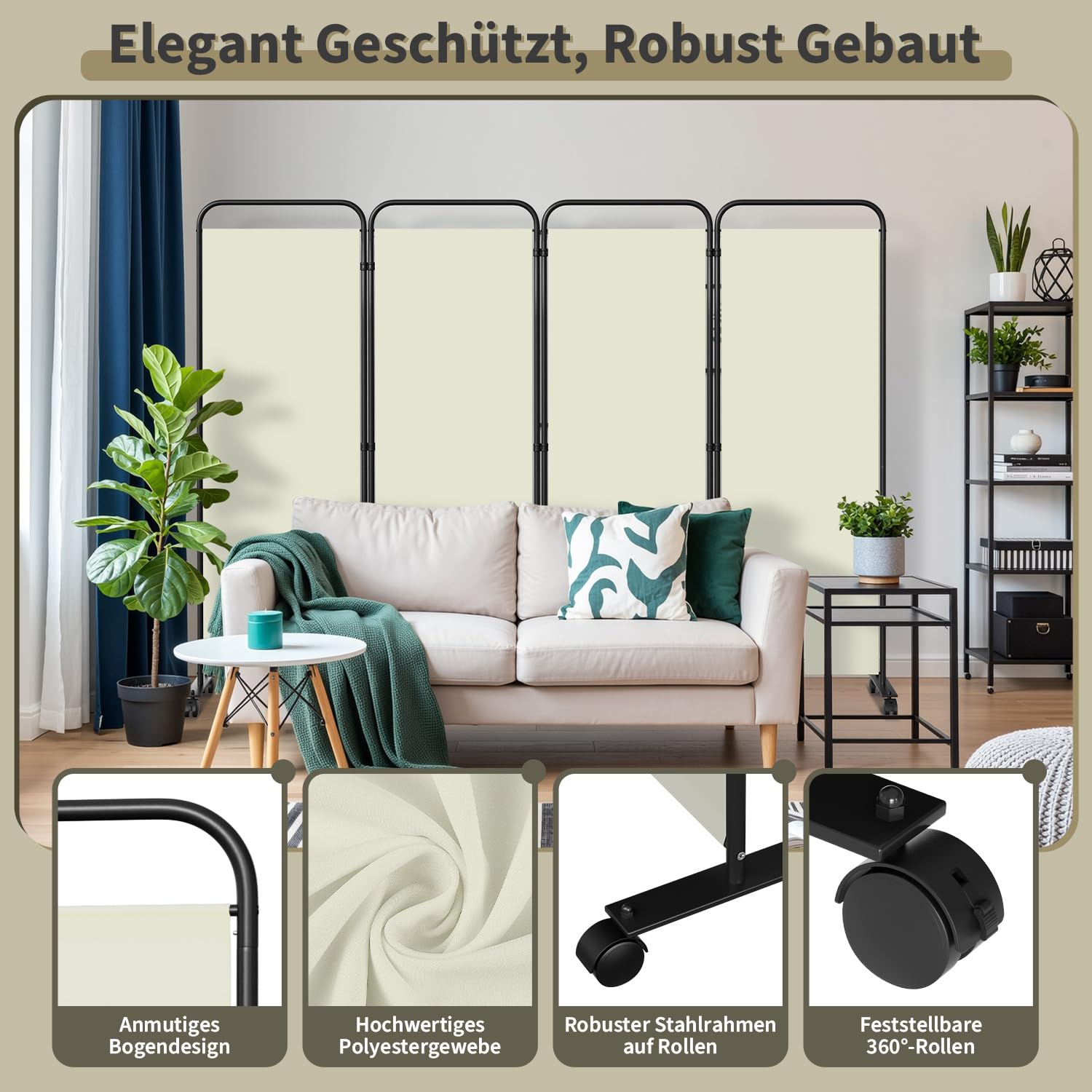 Paravento su rotelle, 4 pezzi, 228 x 180 cm, beige