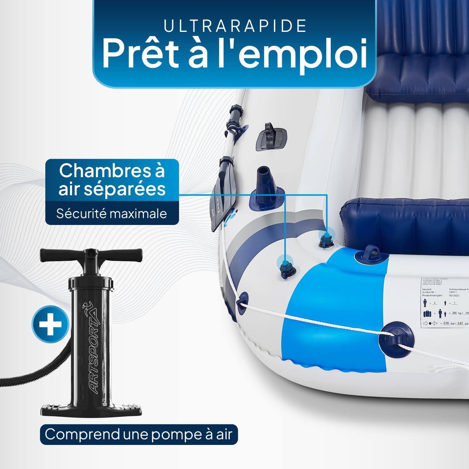 ArtSport Bateau pneumatique 330 cm pour 4 Personnes – Bateau à pagaie Gonflable avec 2 bancs – Bateau à rames en PVC avec Pompe à air, pagaie, Sac et kit de réparation
