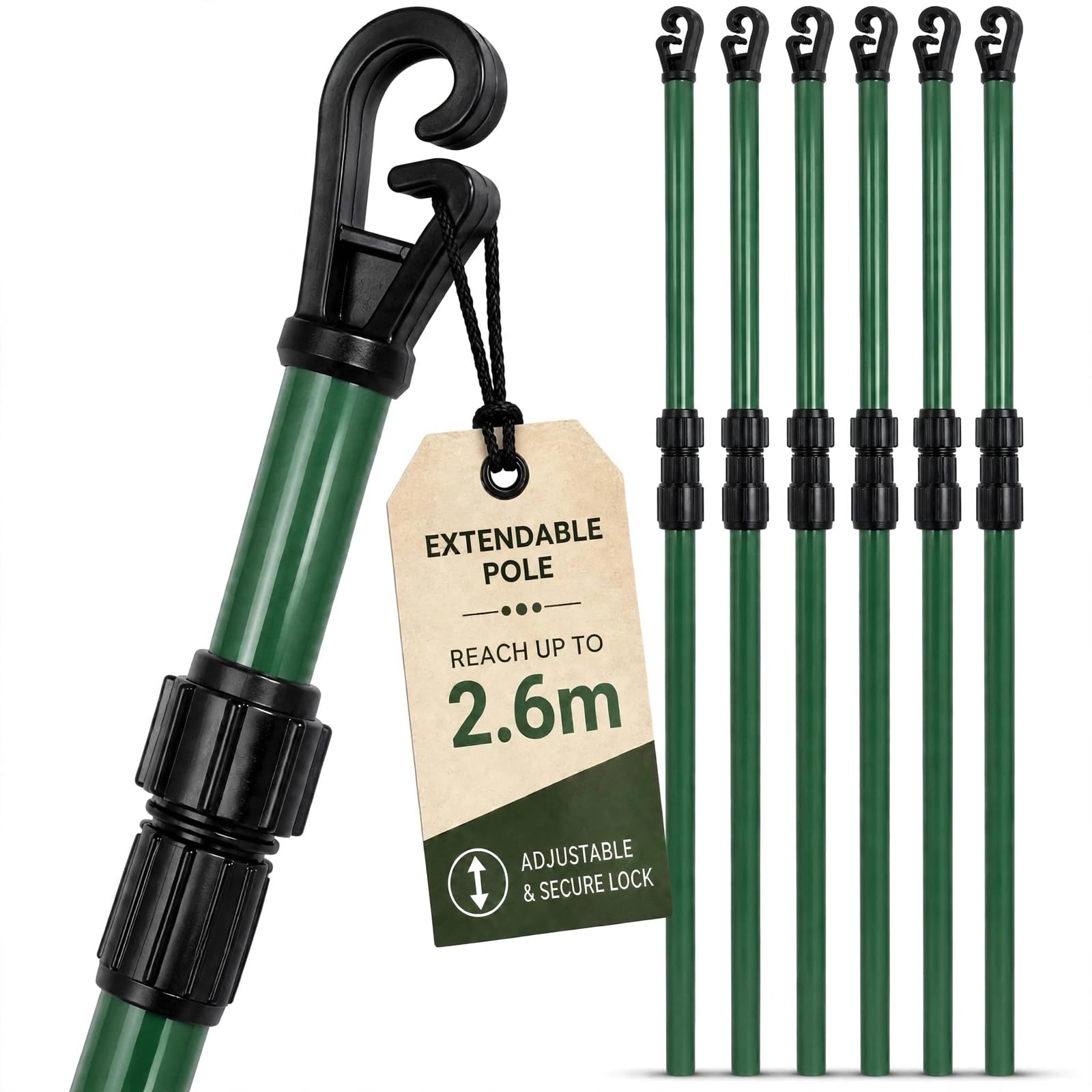 Washing Line Prop Pole 6 Pack 2.4M Telescopic Clothesline Support Heavy Duty Adjustable Garden Laundry Poles with Secure Hook Lock Extendable Outdoor Drying Support for Towels Sheets Bedding