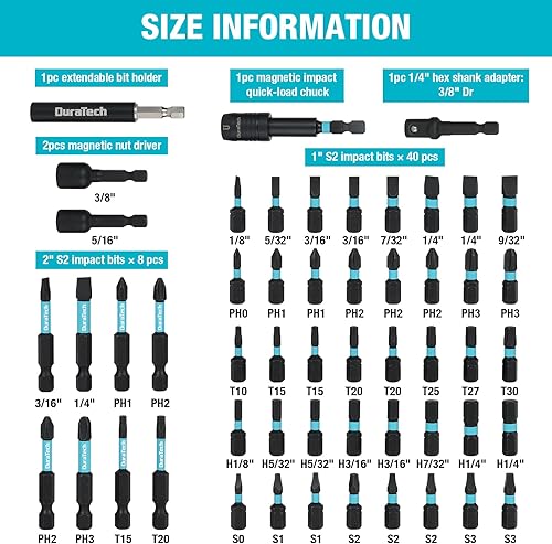 Miniatura 5 de DuraTech Juego de 53 puntas de destornillador de impacto con estuche resistente, juego de brocas Torx de seguridad de acero S2, puntas mecanizadas