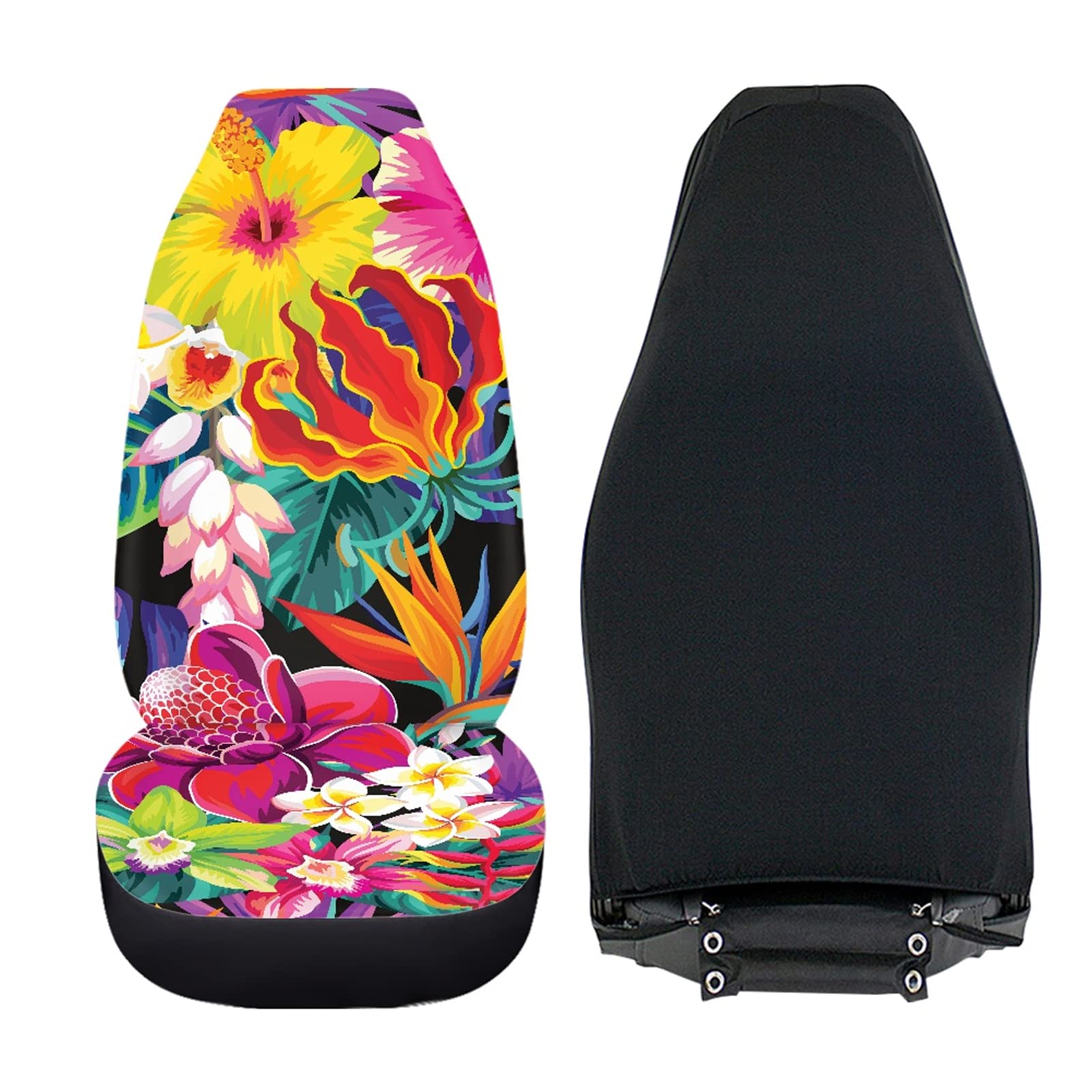 Forchrinse Juego de 2 fundas universales para asiento de coche, diseño de flor de hibisco con hojas de flores y fundas de asiento delantero, estilo bohemio, tropical, cubeta