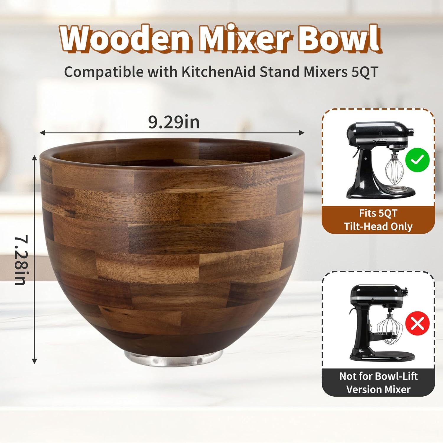 Mixer Wooden Bowl Compatible with Kitchenaid Mixer, Wooden Mixing Bowl for 5QT Tilt Head Stand Mixers, Wood Texture Surface, with Stainless Steel Locking Base, Perfect for Bread, Cake, and Baking