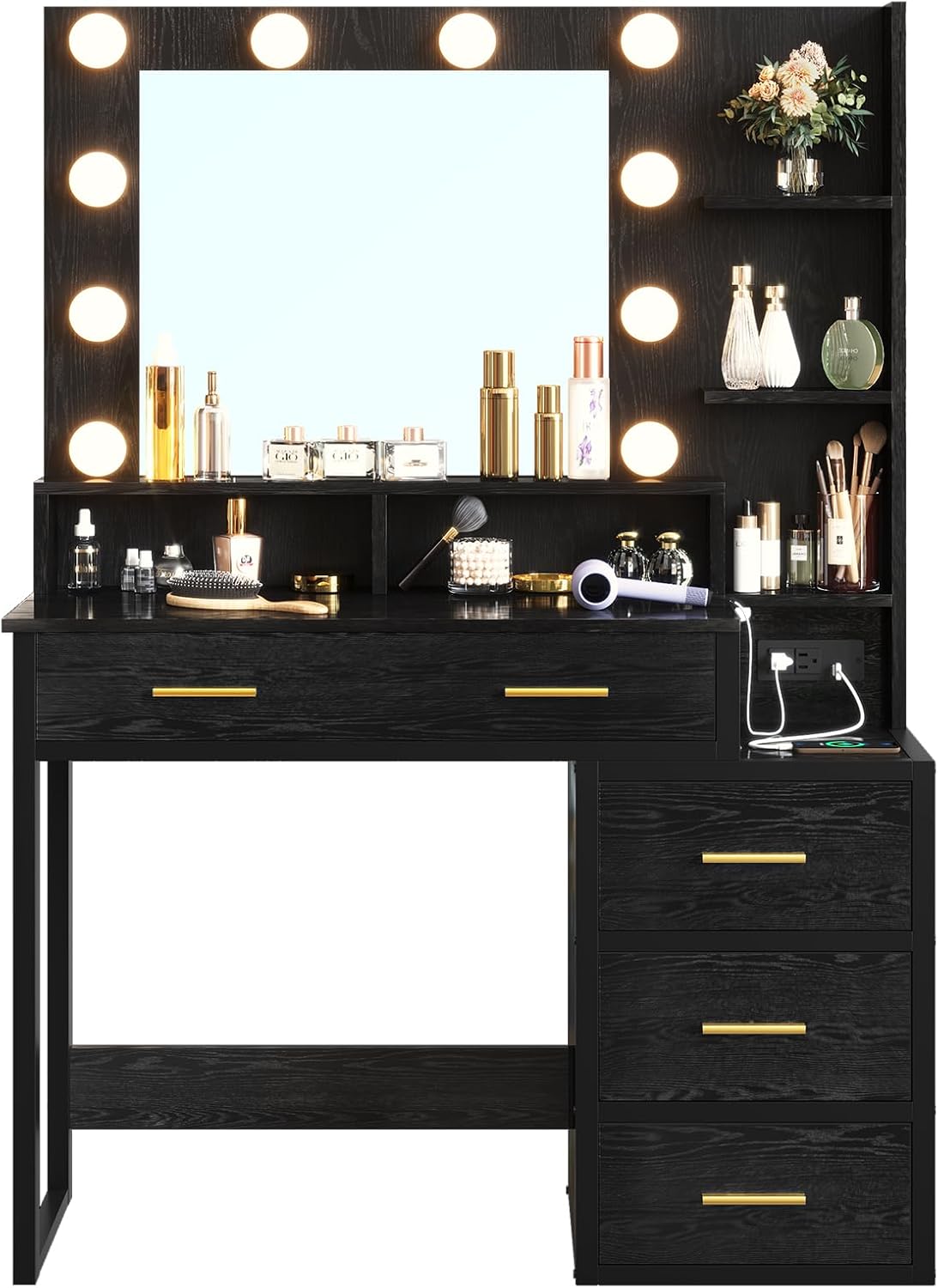 Tiptiper Makeup Vanity with Lights, Black Vanity Desk with Mirror & 3 Lighting Modes, Vanity Table with USB Ports and Outlets, Makeup Table with Nightstand & Storage Shelves & Drawers (Modern Black)