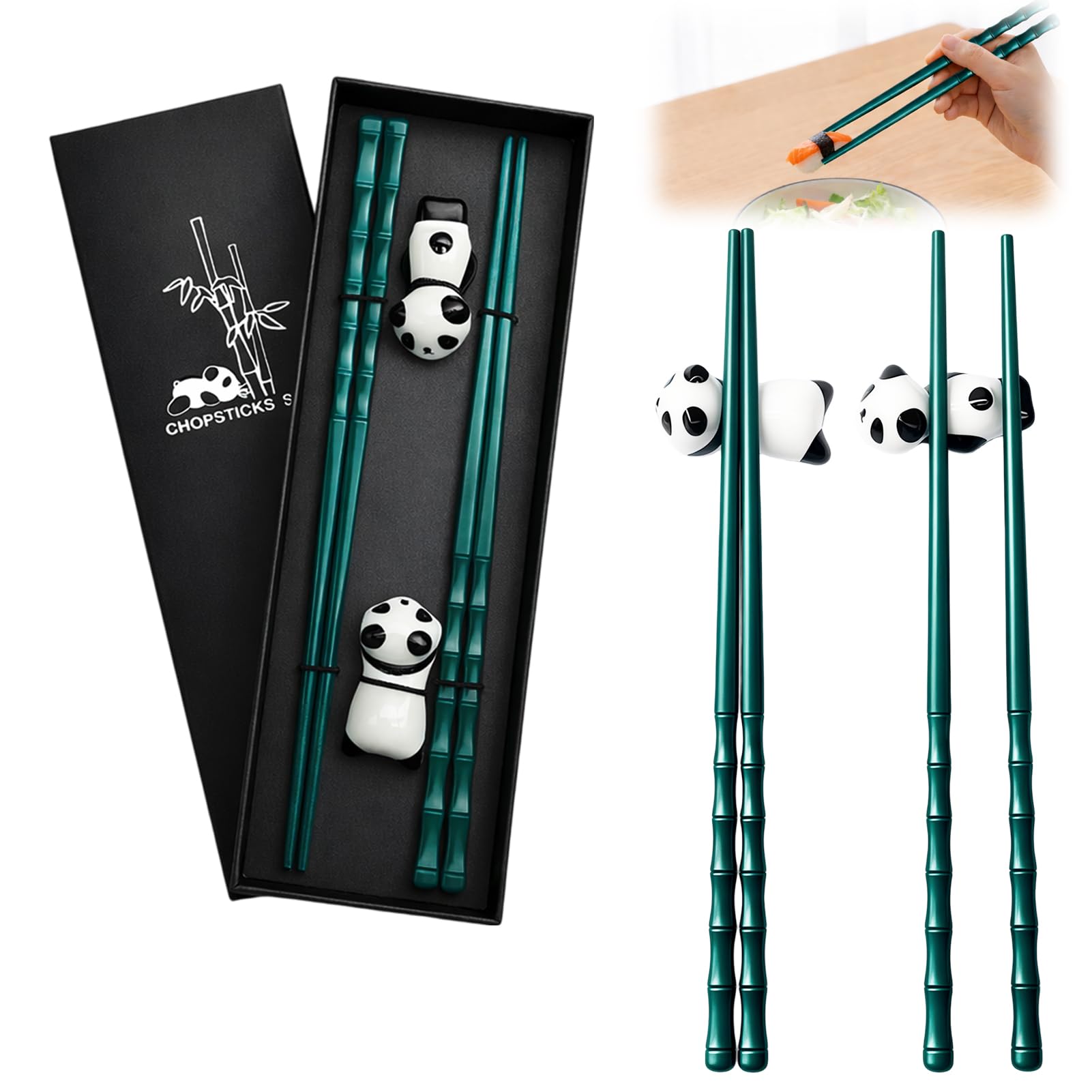 2 Pairs Chopsticks Gift Set with Ceramic Cute Panda Chopstick Rest, Green