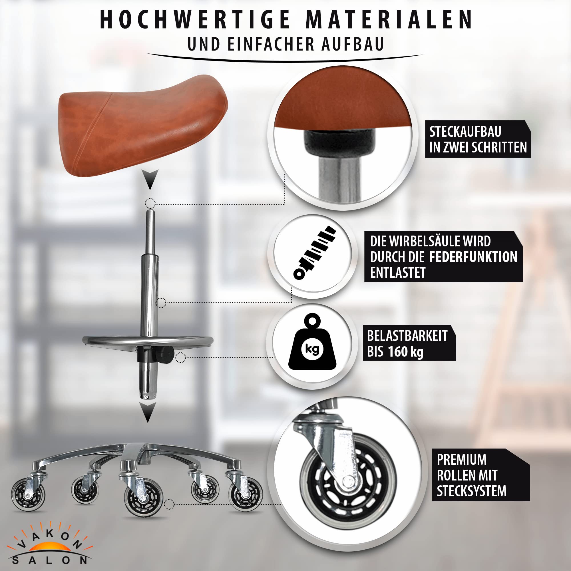 Premium Sattelhocker Hellbraun, Sattelstuhl für Rückenentlastung, Rollhocker höhenverstellbar von 55-75 cm mit Fußring, Drehhocker, Praxishocker, Bürohocker, Arbeitshocker
