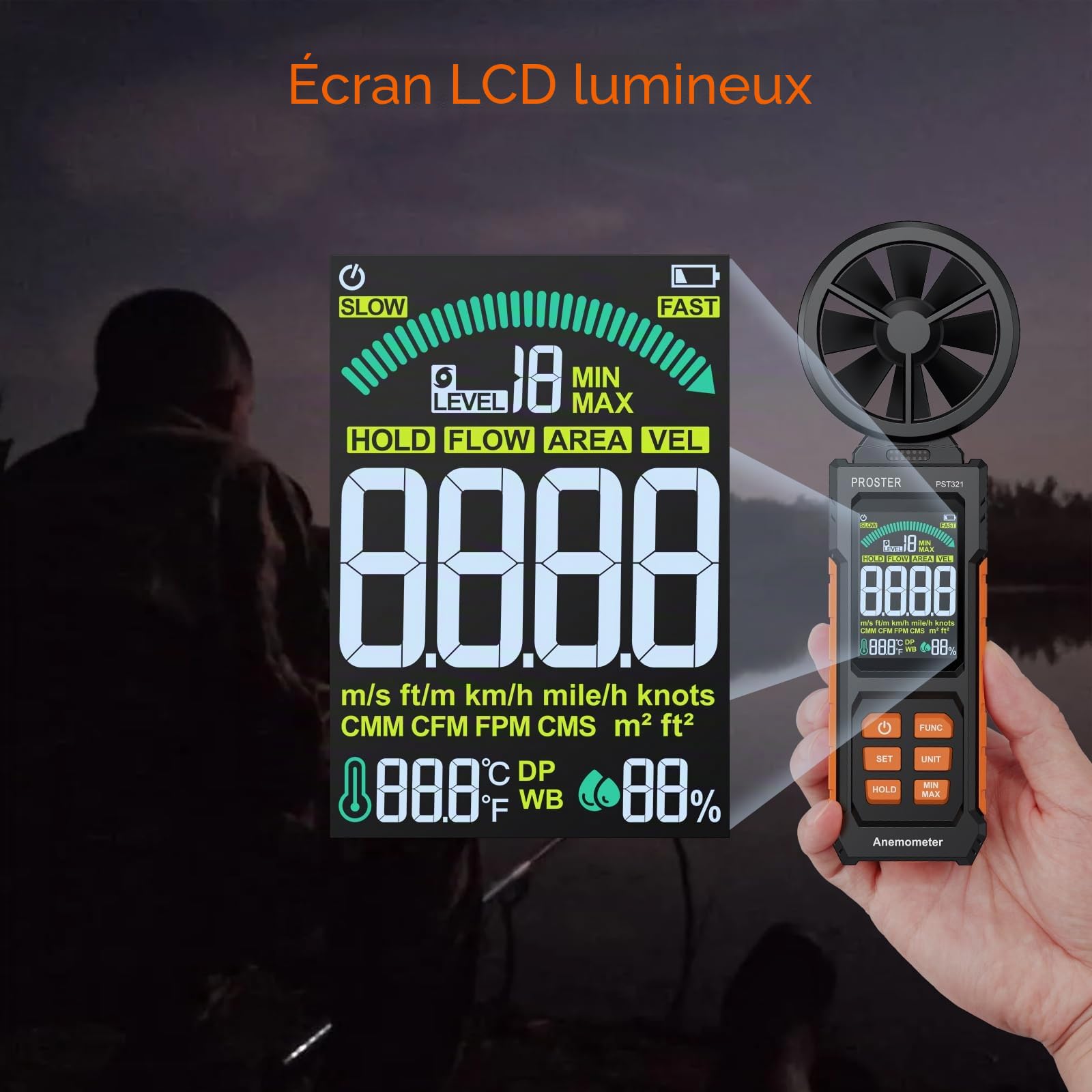 Proster Anémomètre Numérique Professionnel Multifonction - Mesure du Vent, Débit d’Air (CFM/CMM/CMS), Température, Point de Rosée et Boule Humide - Écran Couleur pour Industriel, Éolien, HVAC, Marine