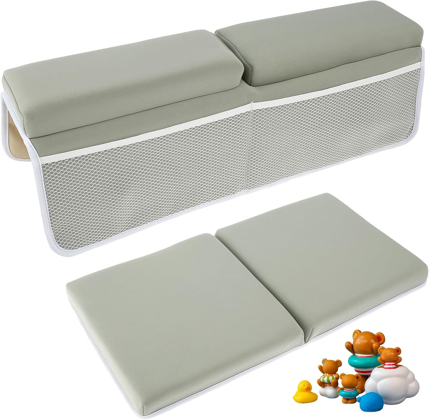 Baby Bath Kneeler and Elbow Rest Pad Set - Non-Slip Foam Kneeling Pad with 4 Toy Storage Pockets, Washable Bathtub Cushion for Newborn Toddler