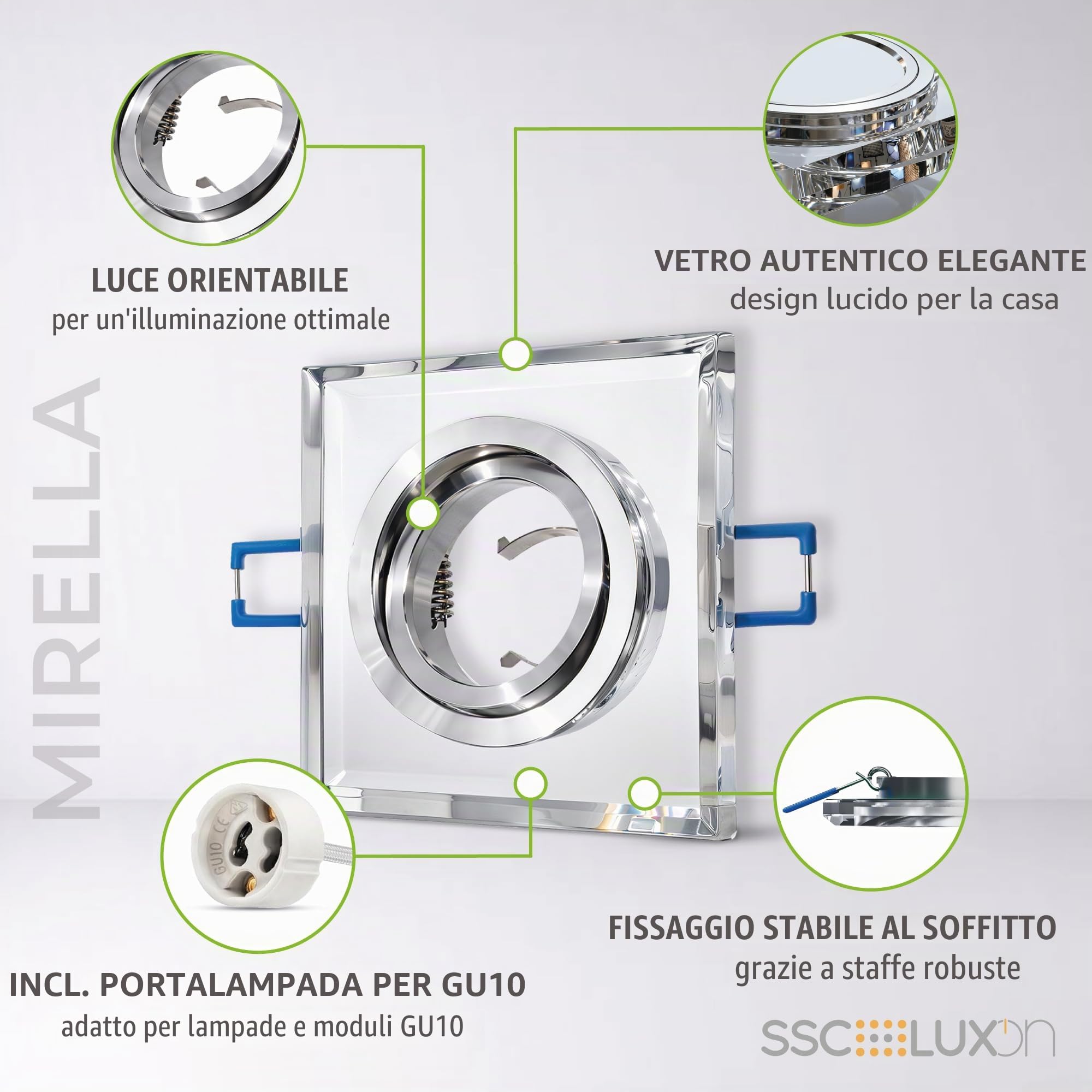 SSC-LUXon MIRELLA - Faretto a LED da incasso orientabile quadrato in vetro specchio, set | Installazione rapida e discreta per un rendering pulito, basso consumo e lunga durata nella vita quotidiana.