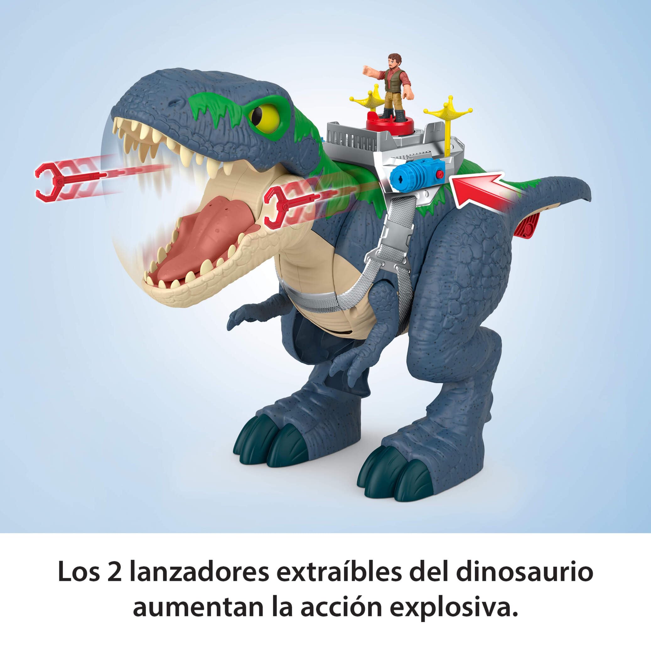 Fisher-Price Imaginext Jurassic World Rebirth Conjunto de juego T. Rex Mordiscos y acción, dinosaurio de juguete de 45,72cm con luces, sonidos, movimiento y 2 figuras de acción de 7,62cm, JGR40