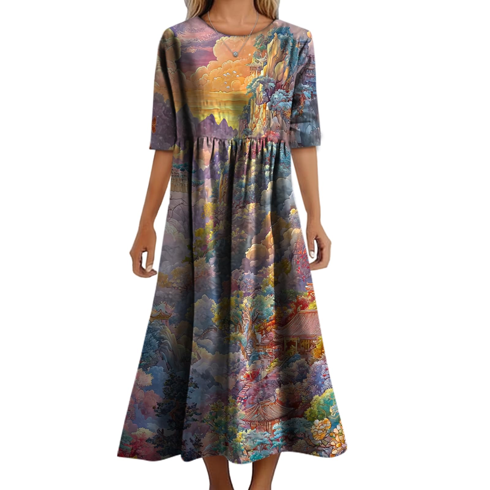 Womens 2025 Summer Floral Boho Dress Plus Size Crew Neck A Line Tunic Sundress Beach Long Maxi Trendy