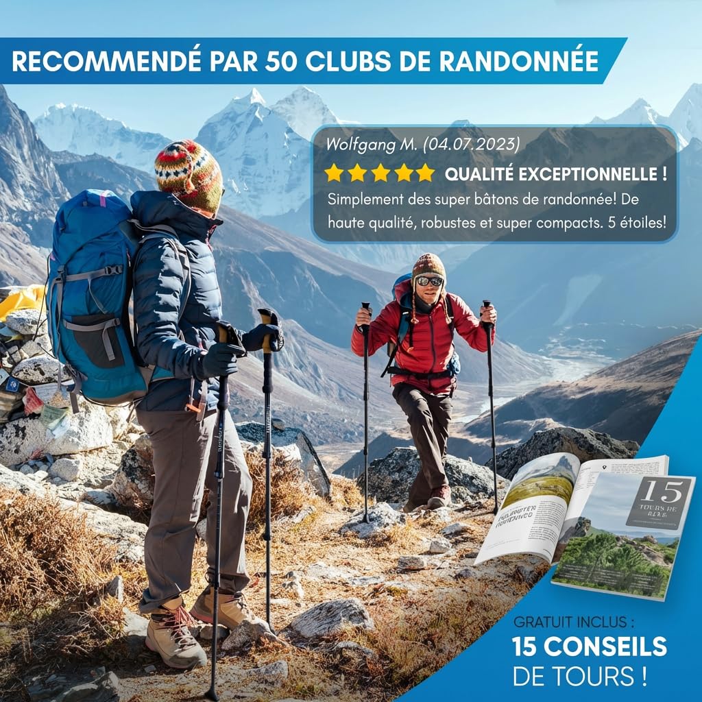 NORDMUT® Bâtons de Randonnée Pliables en Aluminium ou Carbone Ultra-léger – à partir de 1,50 m ou 1,65 m – Bâtons de Trekking Stables avec Poignées Ergonomiques –