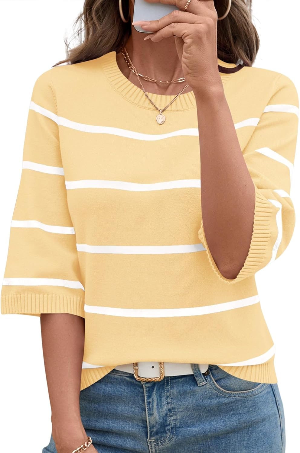 LOMON Womens Sweaters Casual Fall 2025 Crew Neck Striped 3/4 Sleeve Lightweight Knit Trendy Pullover Sweater Tops S-XL