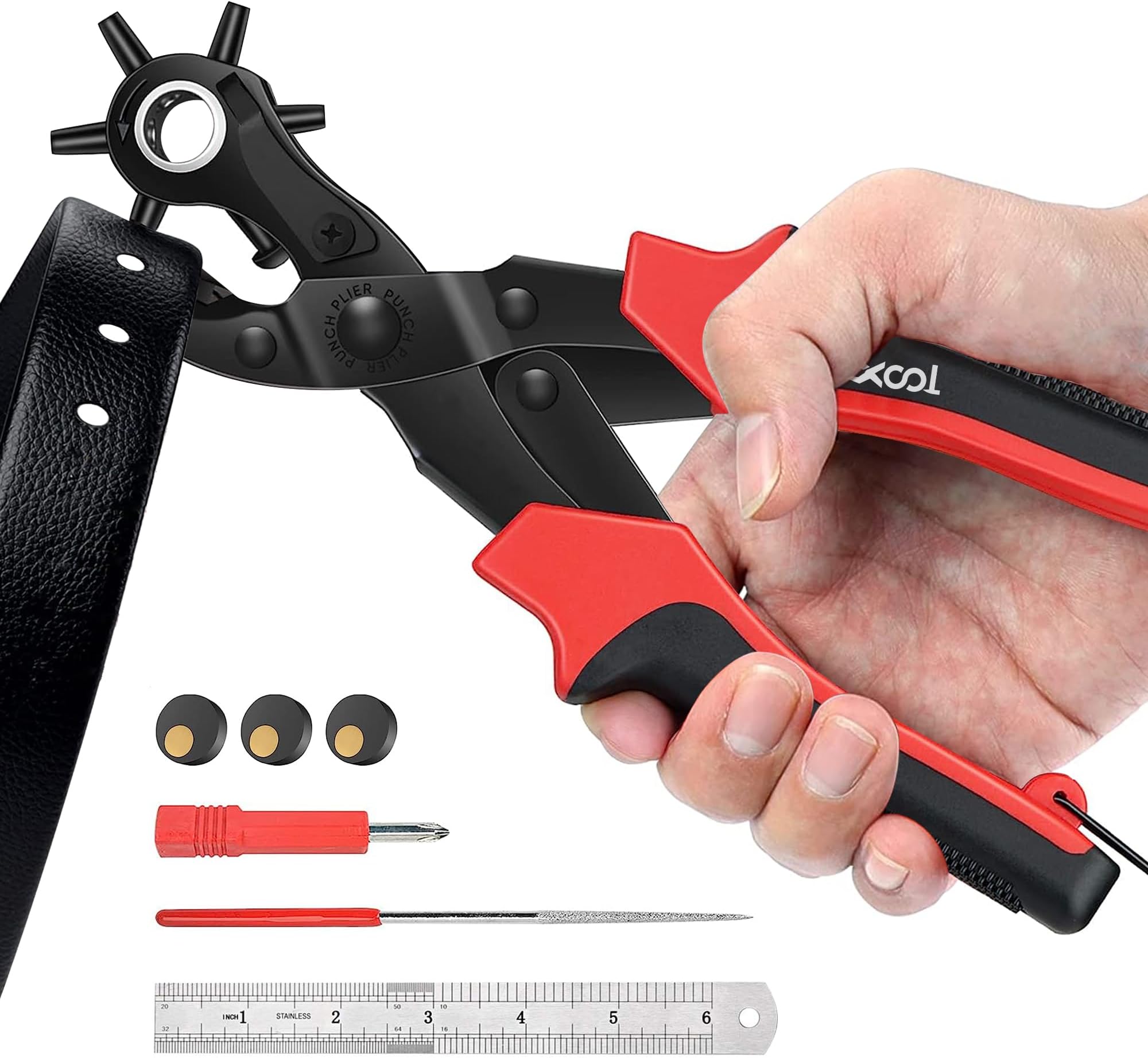 XOOL Leather Hole Punch Plier, Heavy Duty Rotatable Belt Hole Puncher with 6 Different Sizes Used for Belt, Watch Belt, Belt, Shoes, Purses, Clothes, Cardboard, Paper, Hard PVC, etc