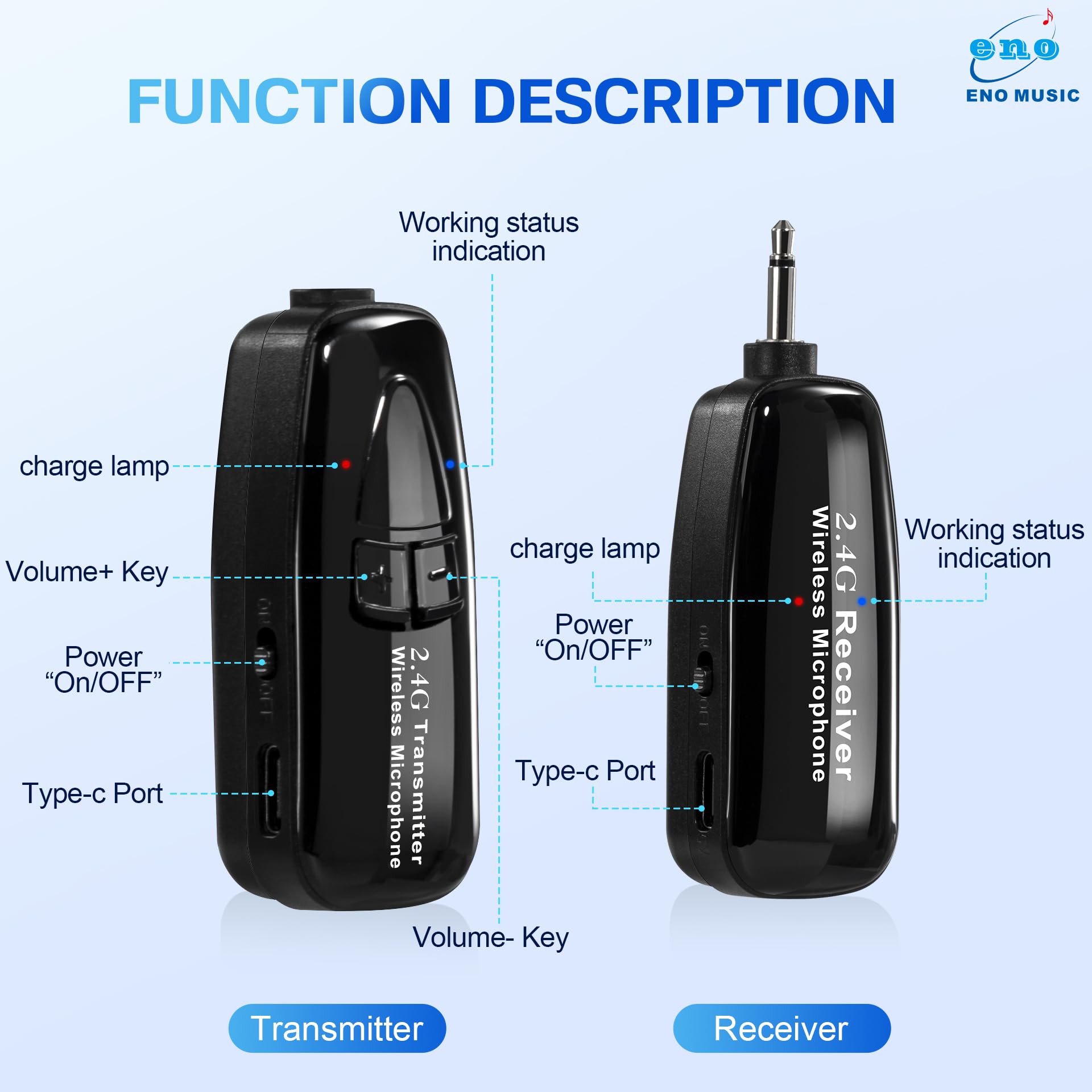 ENO MUSIC Professional 2.4G Wireless Mic System for Saxophone, 30M Stable Signal, Auto Reconnect, Includes 3.5mm-6.35mm Adapters for Live Shows