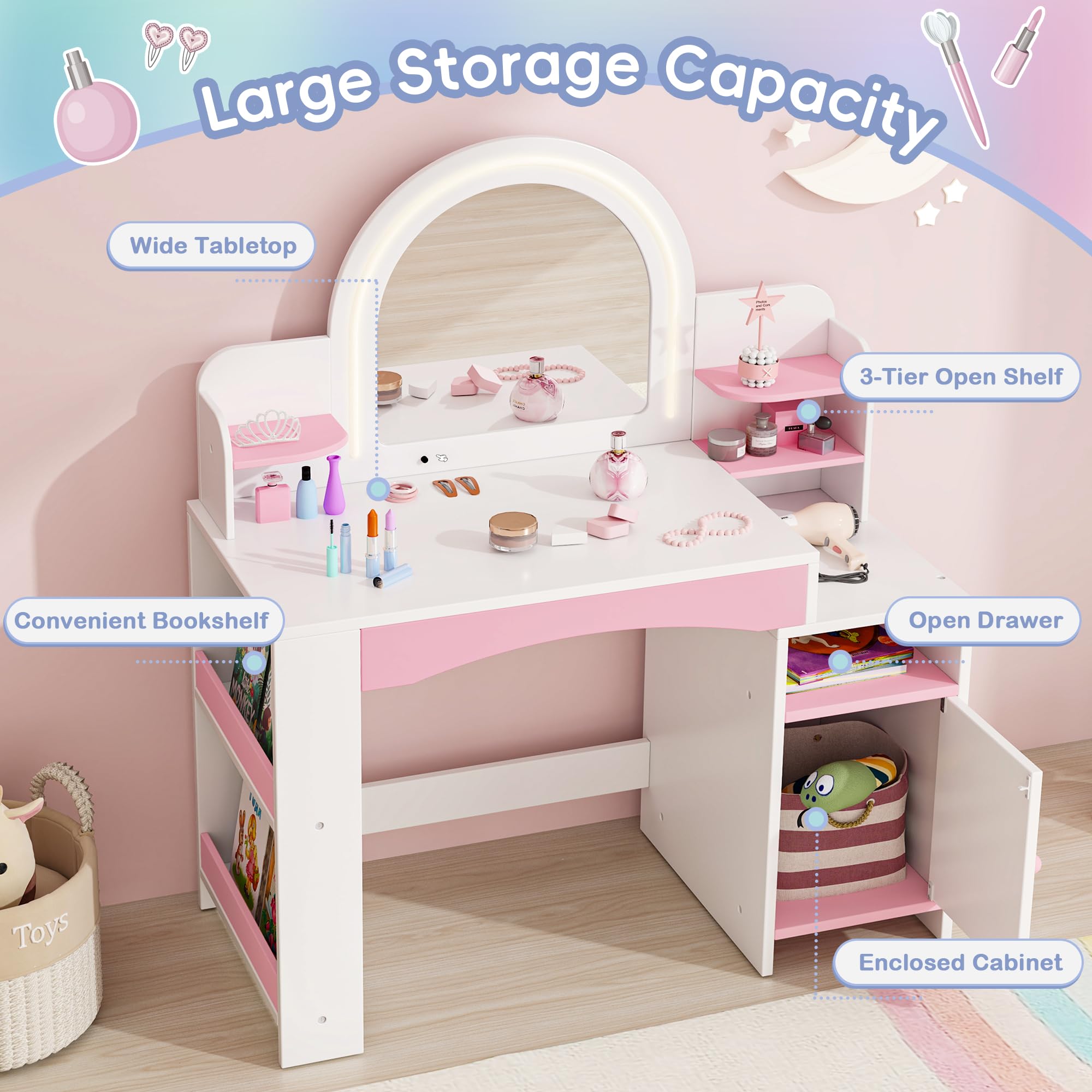 Kids Vanity with Lights, Kids Makeup Vanity with Bookshelf, Enclosed Cabinet and 3-Tier Open Shelves, Little Girl Vanity Table Set with Lighted Mirror and Stools, Toddler Vanity for Girls (White)