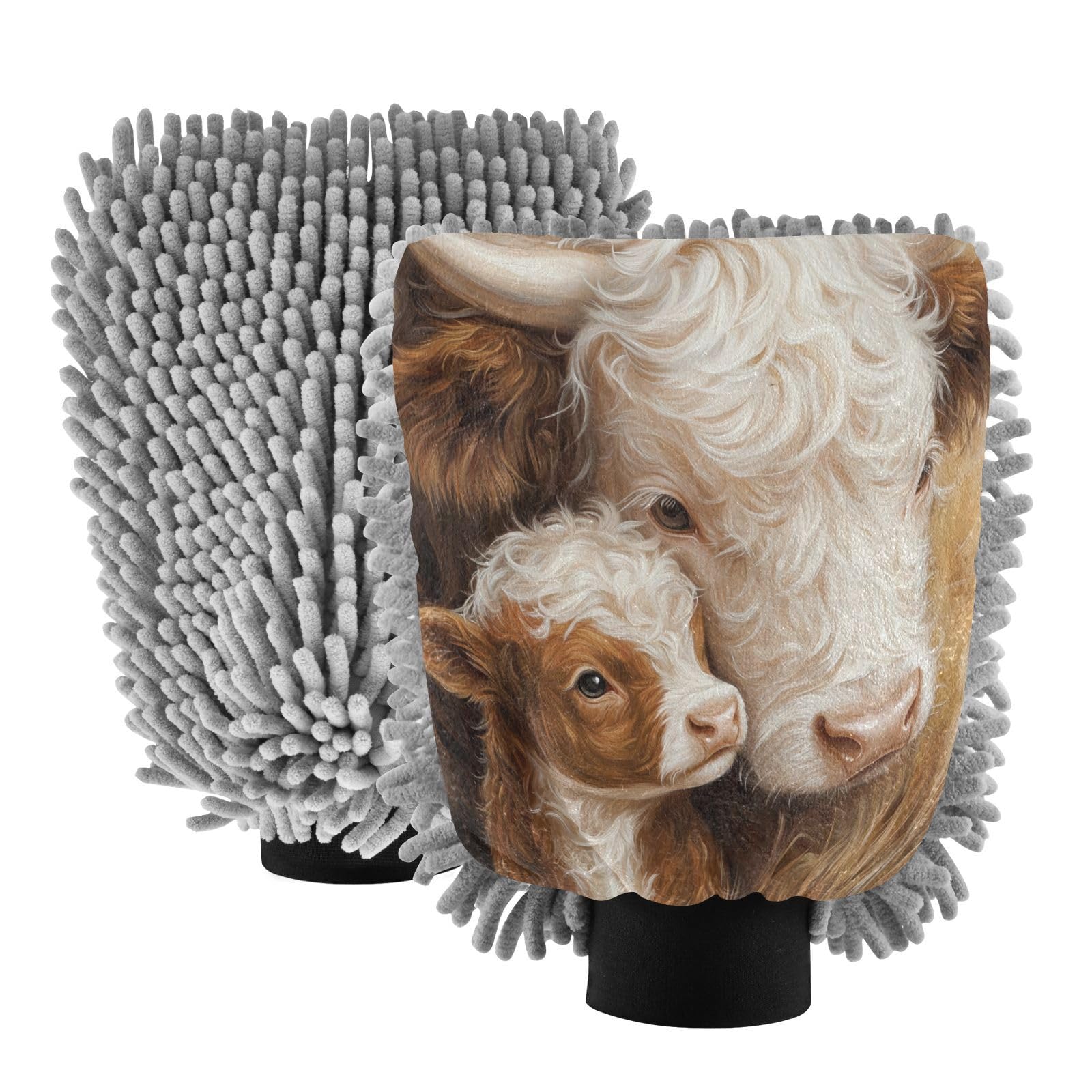 STAYTOP Cute White Brown Cow Car Wash Mitt Microfiber, 2Pcs Scratch Free Lint-Free, Premium Chenille Microfiber Mitt Car Wash Brush-L
