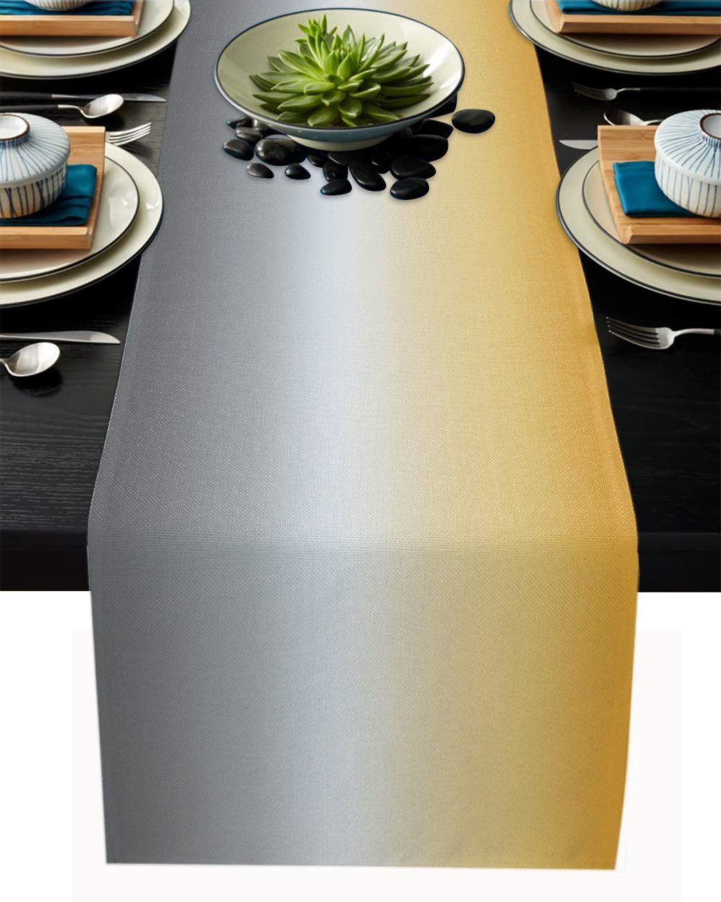 Chic D Cotton Linen Table Runner 70inches Long, Yellow Gray Ombre, Burlap Table Cloth Dresser Scarves for Farmhouse Dining Room/Holiday/Party/Wedding/Events, Simple, Machine Washable