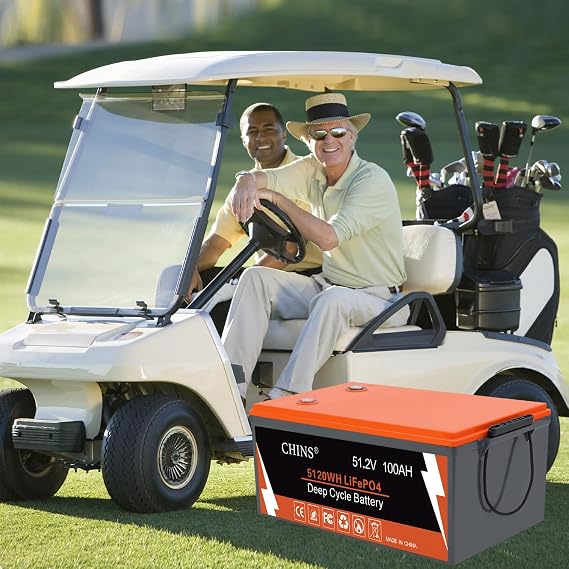 CHINS 48V Lithium Golf Cart Battery, 48 Volt 100Ah LiFePO4 Battery, Built-in Bluetooth 200A BMS, Includes 48V 18A Charger, Monitor, Perfect for Golf Carts