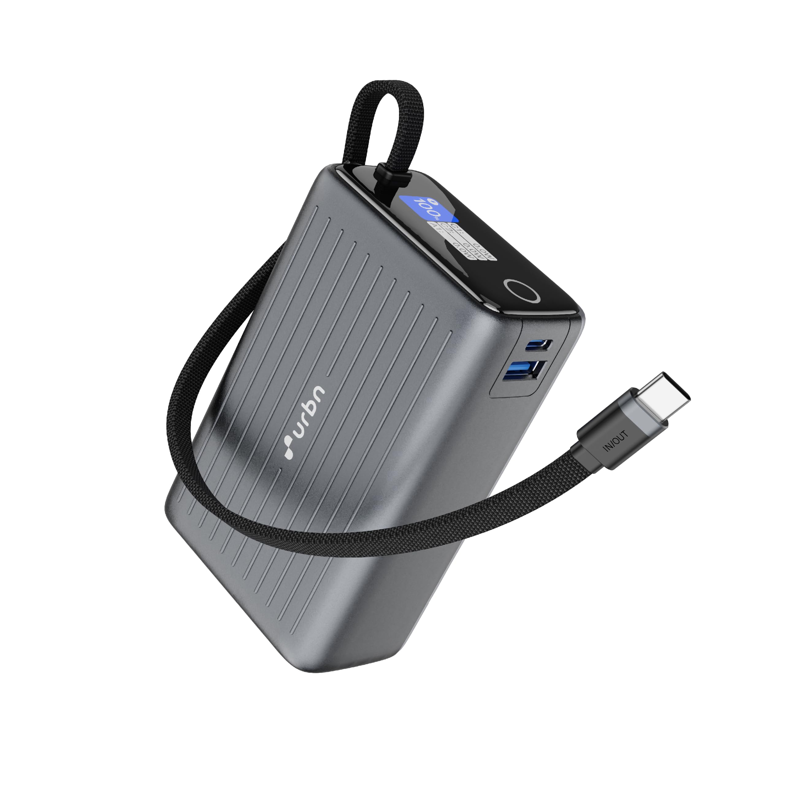 urbn megastack 25000mah 100w power bank | fast charging laptop charger | with built-in usb-c cable | ai smart tft display | compact design | samsung sfc | iphone, macbook & windows (grey)