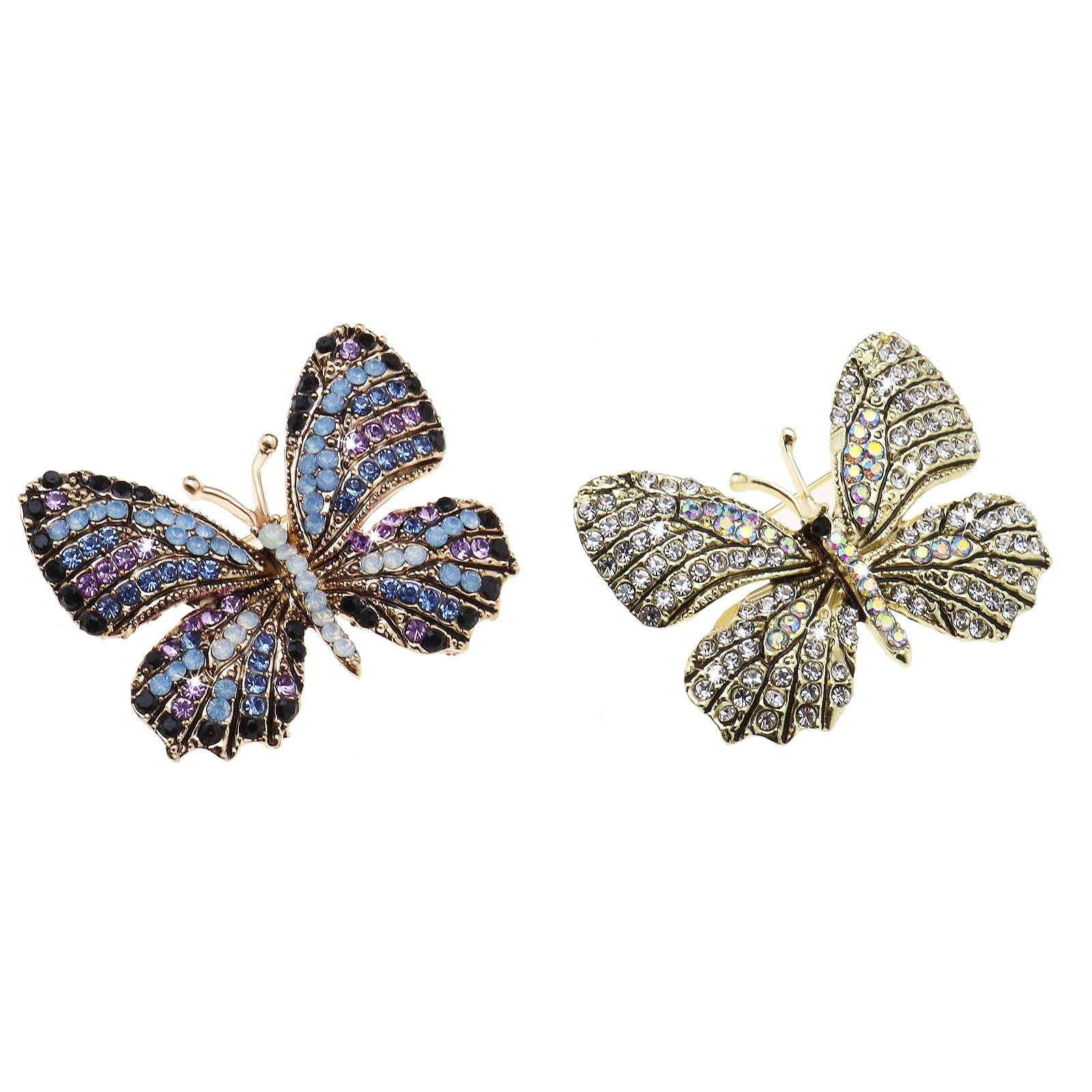 2 Spille Farfalla In Cristallo E Rame, Eleganti E Vintage, Perfette Per Abiti, Sciarpe E Cappotti