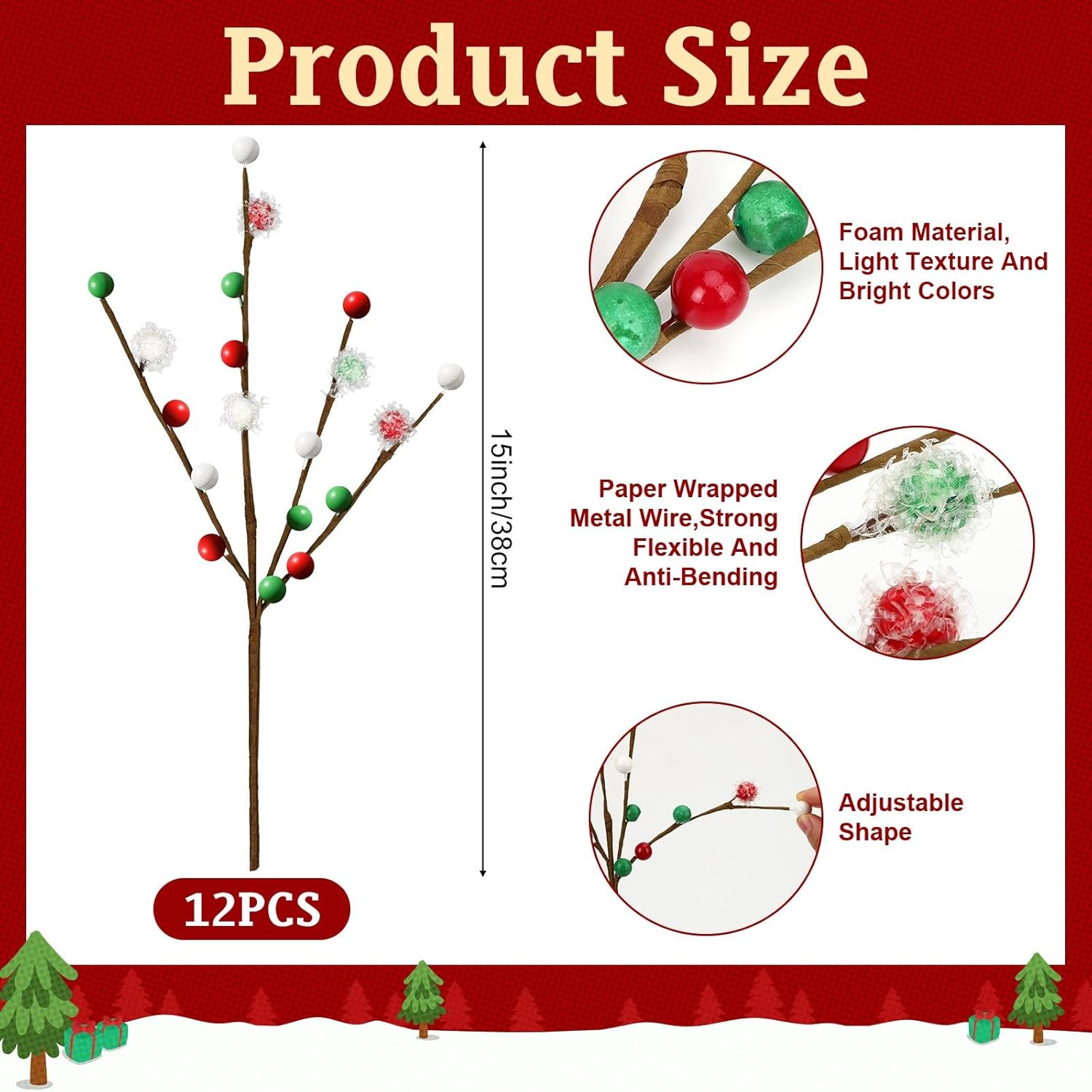 Augshy クリスマスツリーピックデコレーション 12個 レッド グリーン ホワイト 人工ベリー枝 ビーズボール付き クリスマスオ