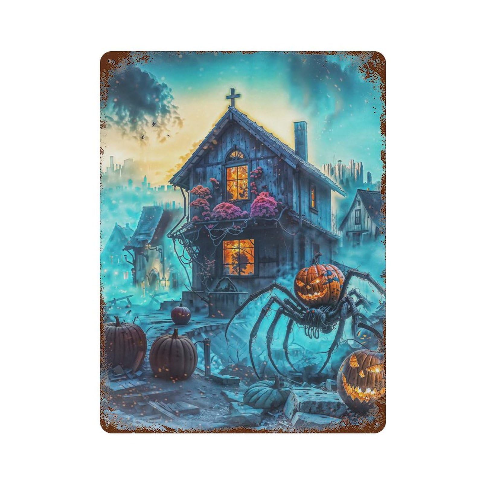 Decorative Tin Sign with Halloween Spider & Pumpkin Design 15.7"x11.8", for Basement, Hobby Room And Garage Decor, Rustic Home Decor