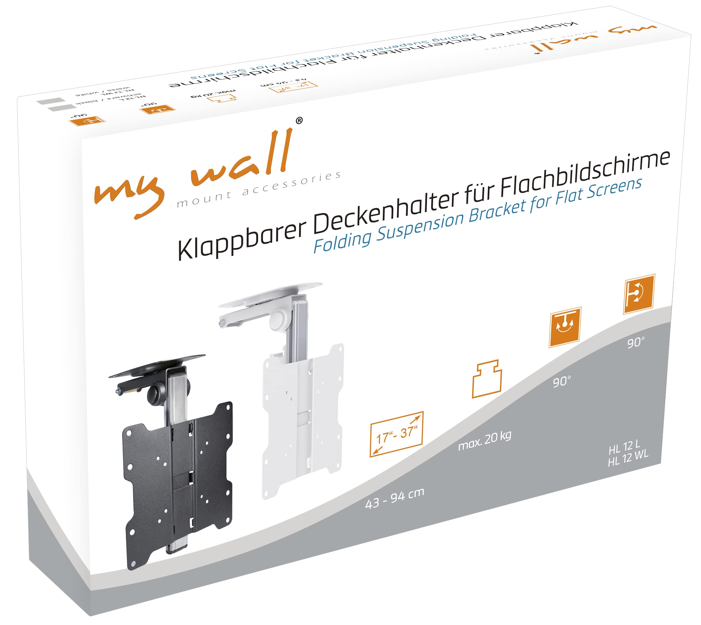 mywall HL12L TV Wand-/-Deckenhalterung 43,2cm (17") - 94,0cm (37") zum Unterbau unter Hägeschränken Einbau in Wohnwagen Installation unter Schrägdecken Neigbar + Schwenkbar Tragkraft 20 kg