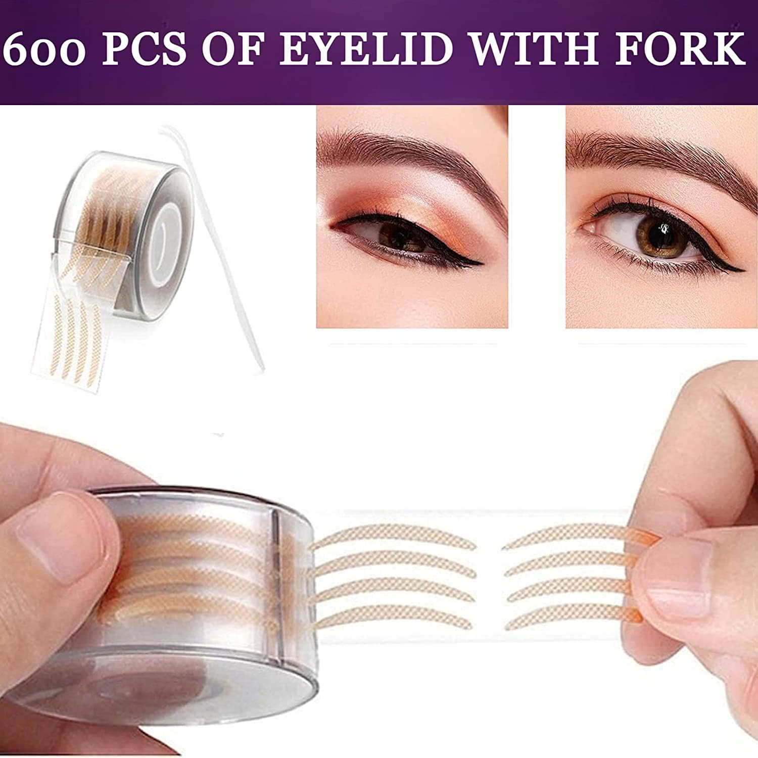 Viraaji 600 Pair Eyelid Tape | Waterproof & Invisible Double Eyelid Stickers for Hooded Eyes Makeup | Eyelid Tape Tools Sticker Strips with Fork | Double Sided with Premium Looks Roll Case - Image 3 thumbnail