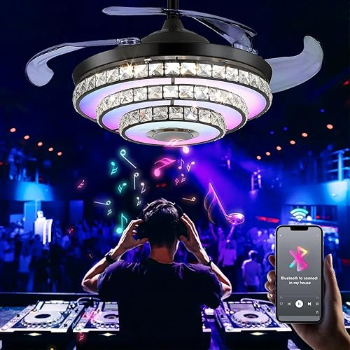Miniatura 2 de MORE CHANGE Ventilador de techo de araña de cristal de 42 pulgadas con altavoz Bluetooth ligero, moderno ventilador de techo retráctil negro y