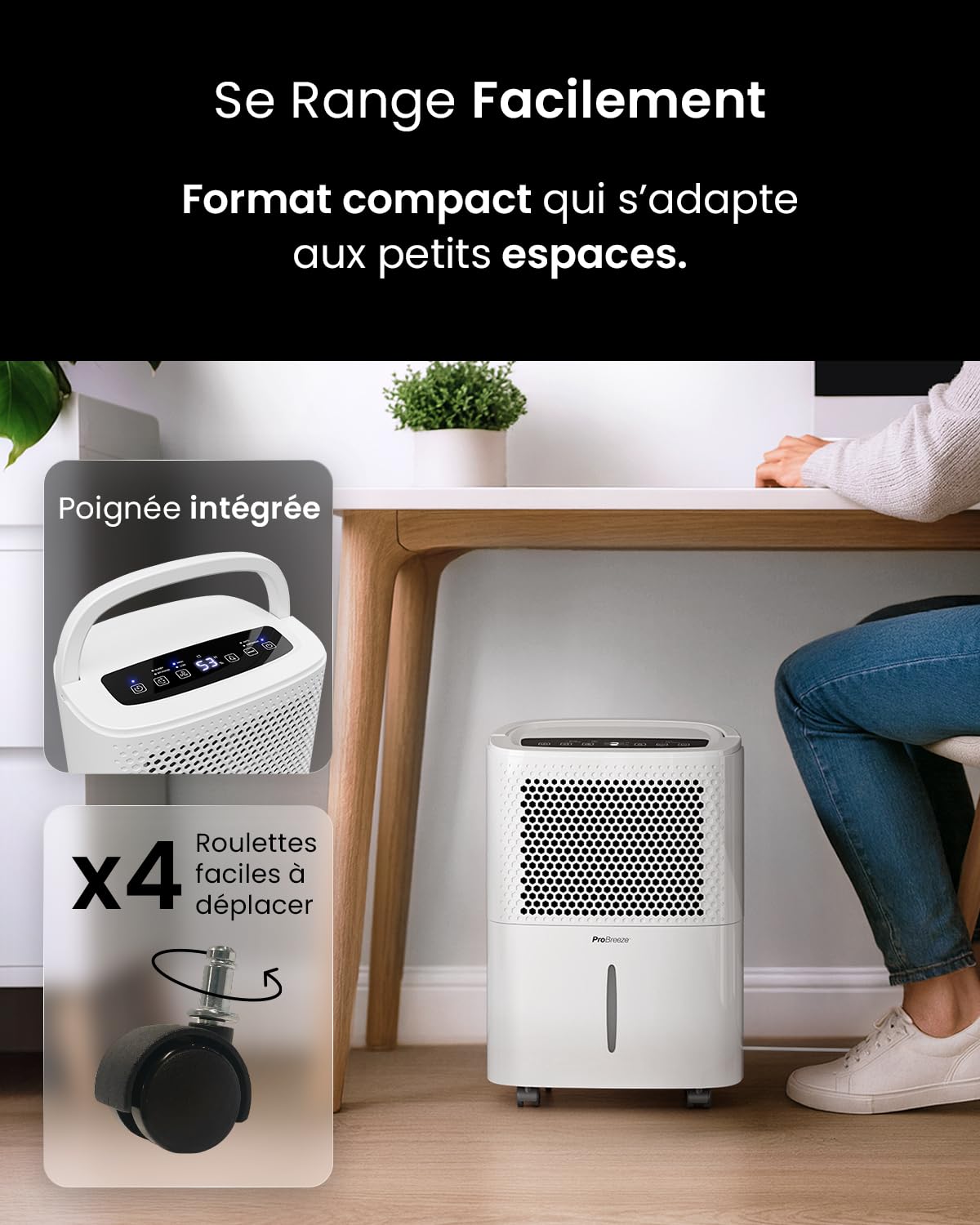 Pro Breeze Déshumidificateur d'Air Silencieux 12L/Jour - Absorbeur d'Humidité - 40 dB, Réservoir 1,8L, Drainage Continu, Minuterie 24h, 3 Modes- Idéal Contre l'Humidité & Moisissure