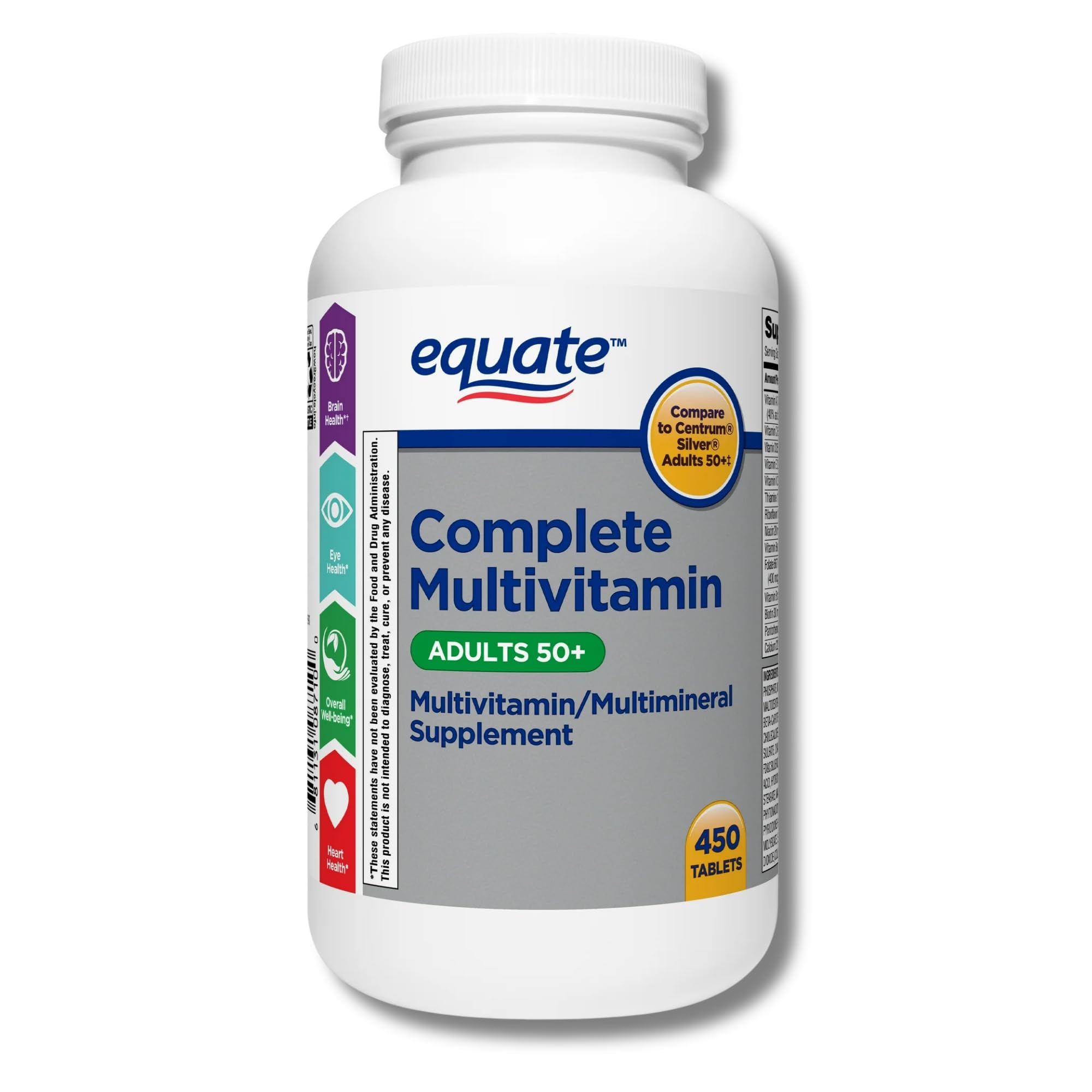 Equate Adult 50+ One Daily Complete Multivitamin Multimineral Supplement Tablets, Healthy Brain*,Compare to Centrum Silver, 450 Pills (Pack of 10)