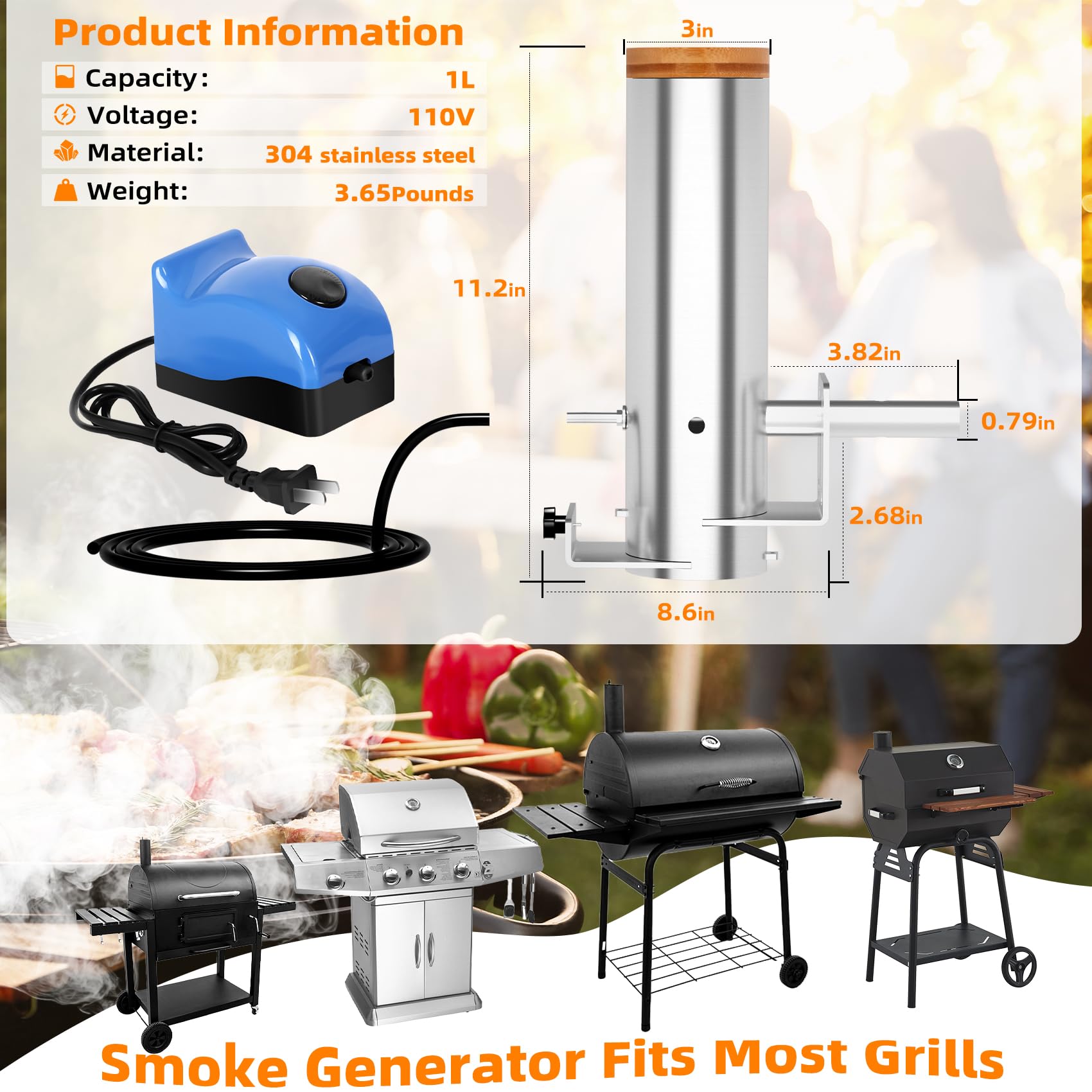 Generator dymu, gorący i zimny generator dymu z pokrywką i pompą powietrza, przenośny elektryczny grill wędzarniczy, rurka do wędzenia peletu ze stali nierdzewnej, akcesoria do wędzenia mięsa i warzyw