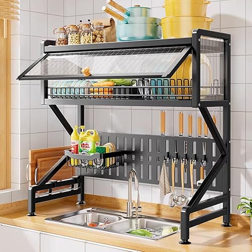 Miniatura 2 de Gdrasuya10 Escurridor de platos de acero de 34 pulgadas sobre el fregadero, escurridor de platos de cocina de 2 niveles con escurridor, escurridor