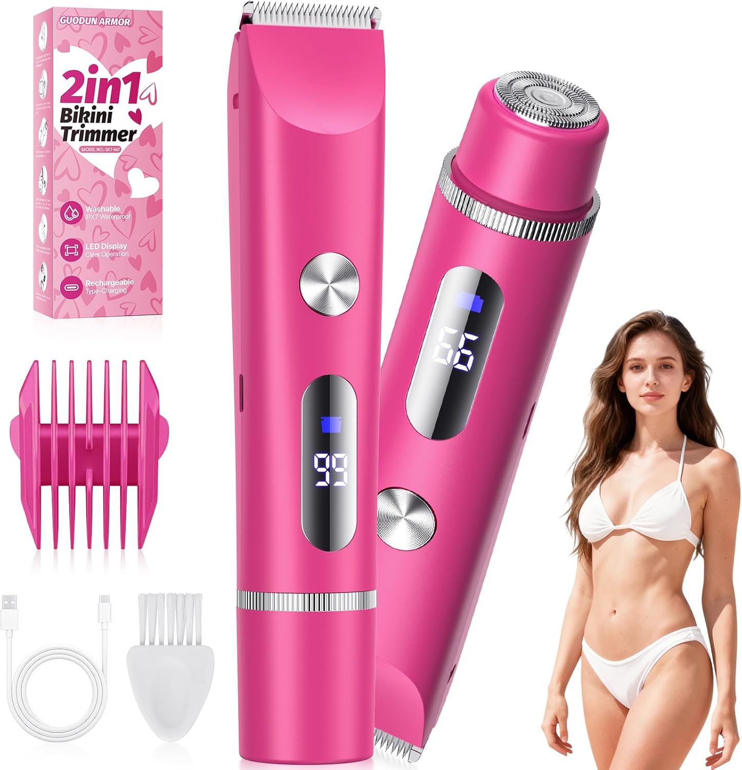 Bikini Trimmer for Women, Painless Electric Razor Remover for Leg, Body, Armpit & Facial Hair, Rechargeable Cordless IPX7 Waterproof Shaver with Ceramic Blade, Easy Cleaning, USB Charging, Pink
