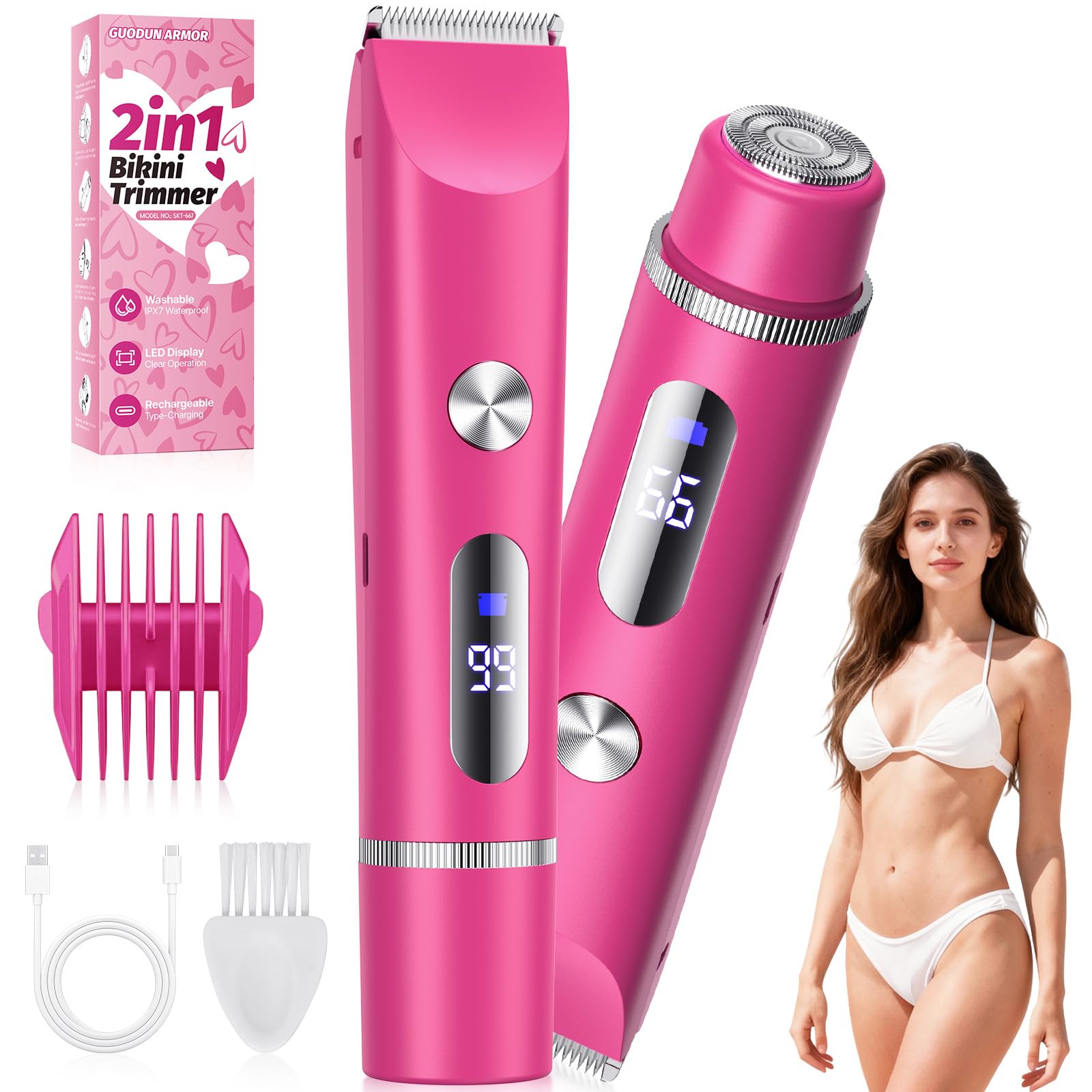 Bikini Trimmer for Women, Painless Electric Razor Remover for Leg, Body, Armpit &amp; Facial Hair, Rechargeable Cordless IPX7 Waterproof Shaver with Ceramic Blade, Easy Cleaning, USB Charging, Pink