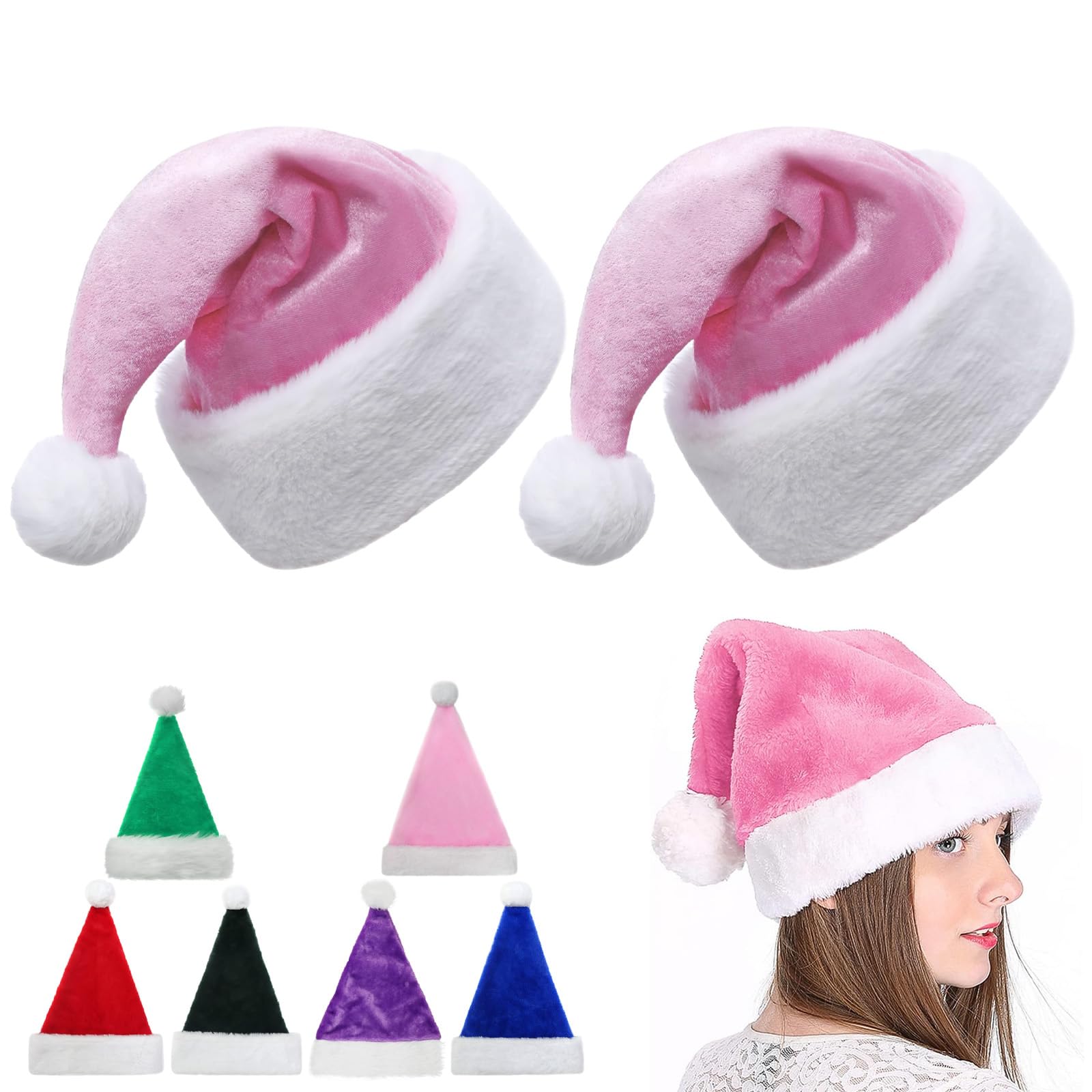 45cm Christmas Hats Santa Hat for Adults,2 Pcs Deluxe Velvet Xmas Santa Claus Hat,Unisex Velvet Comfort Christmas Party Hat Thicken Classic Fur for New Year Festive Christmas Party Supplies(Pink)