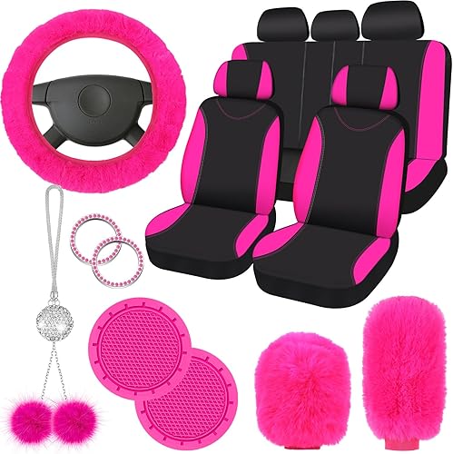 Miniatura 1 de Juego completo de 17 fundas de asiento de automóvil para mujer, ajuste universal, fundas de asiento delantero y trasero, fundas esponjosas para
