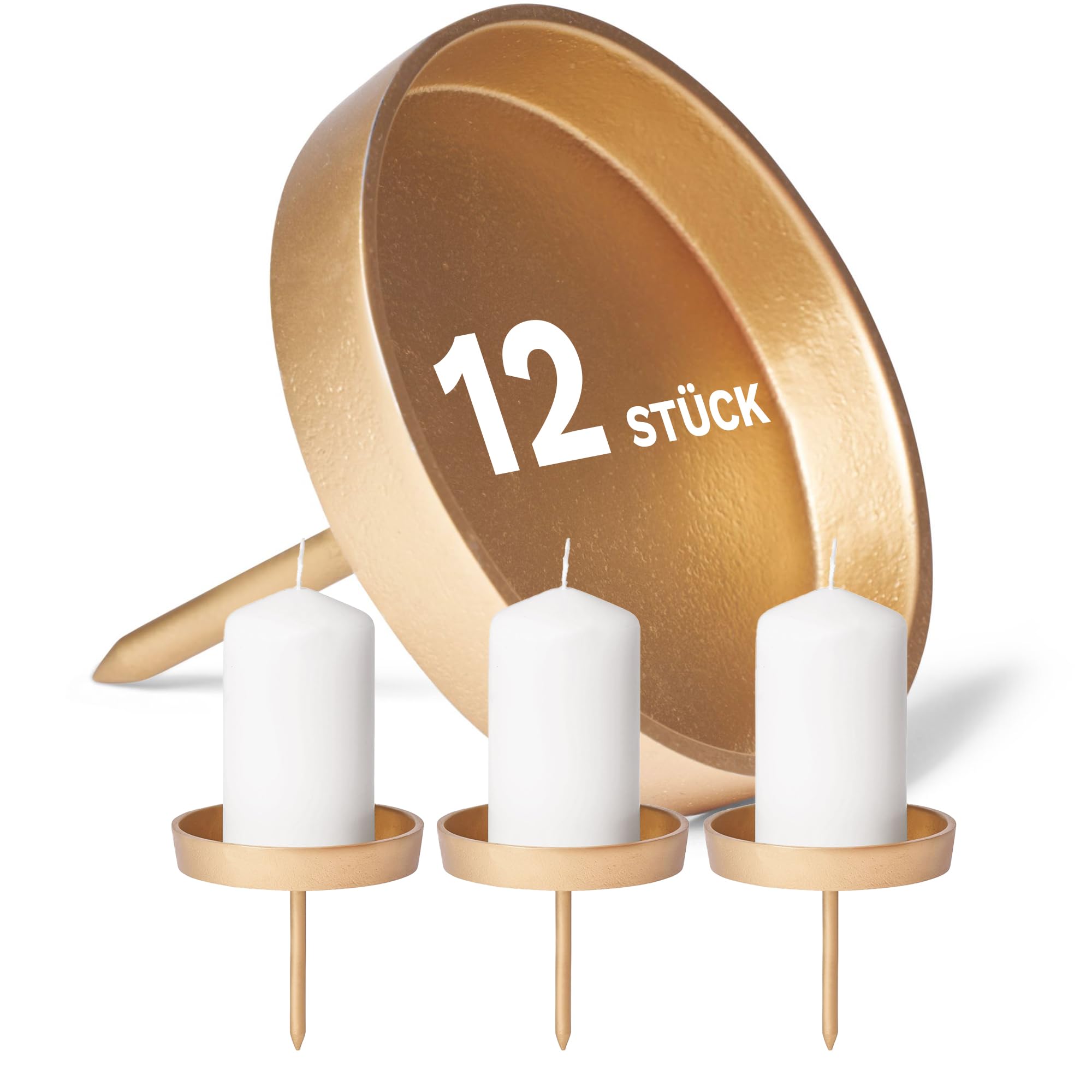 Novaliv 12x Kerzenpick flach 10cm Gold Aluminium Kerzenständer Adventskranzdeko Kerzenhalter Adventskranz Adventskerzenhalter Weihnachtskranz Kerzenteller zum Stecken rund Kerzenpin