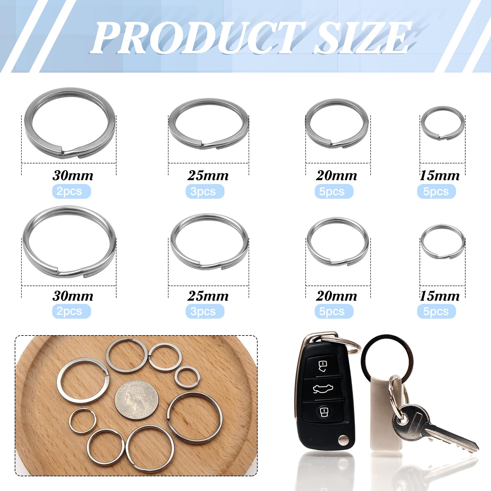 50 Anelli Portachiavi Acciaio Inox - 5 Misure (15-30 Mm), Superficie Liscia, Per Chiavi, DIY, Animali - Foto 3