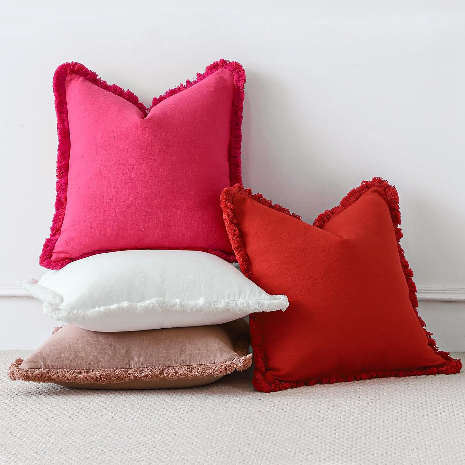 OTOSTAR Set of 2 Linen Fringe Decorative Throw Pillow Covers 18x18 Inch Soft Accent Cushion Covers with Tassels Boho Farmhouse Home Decor Pillowcases for Sofa Couch Patio Bed Living Room, Red
