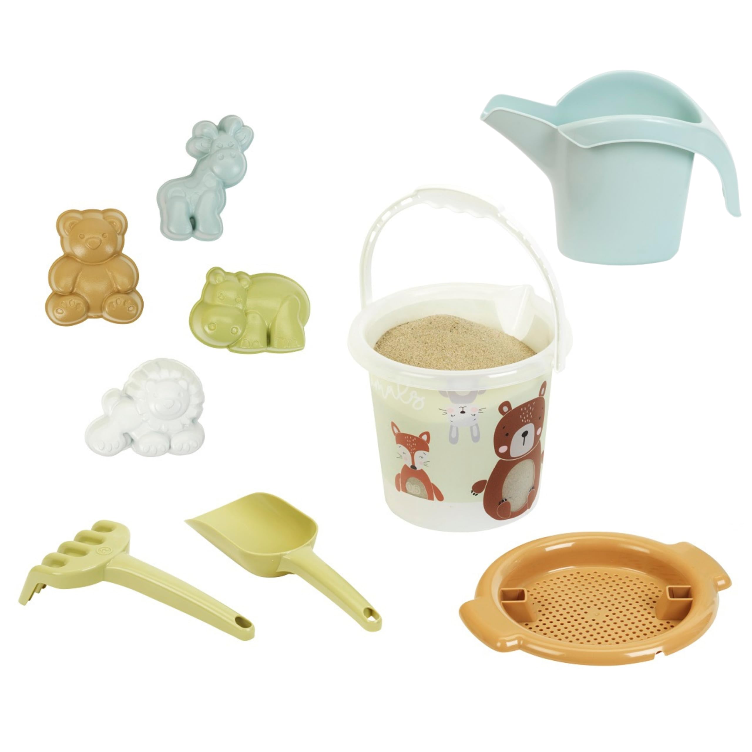 Theo Klein 7622 Sand Bucket Set - Animal World, Incl. Sieve, Watering Can, Moulds, Shovel, and Rake, Recycled Plastic, Anti-UV, Toy for Children Aged 18 Months and Over