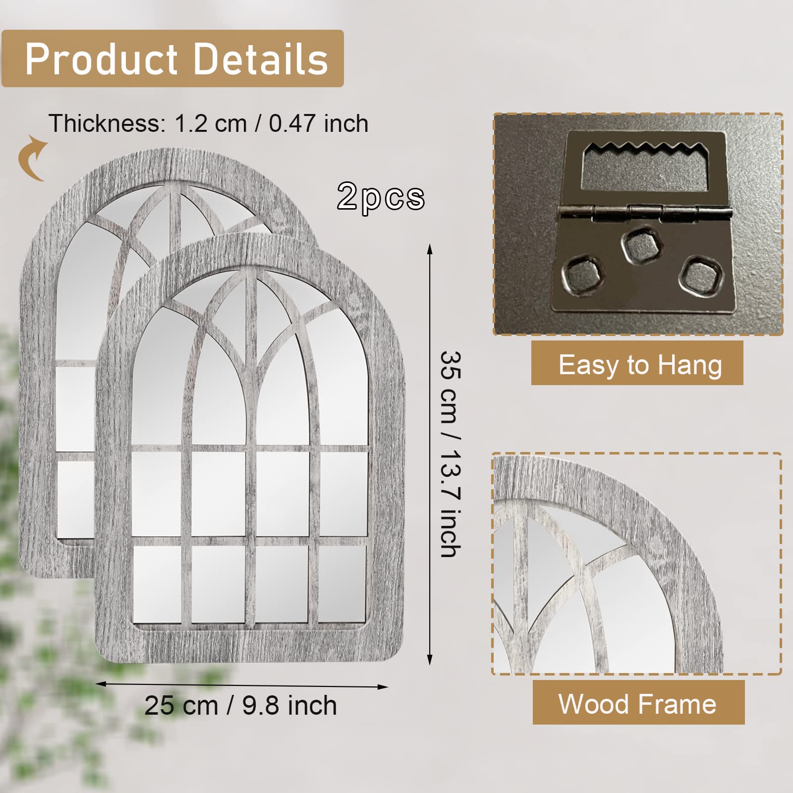 Wooden Framed Arched Wall Mirror, Farmhouse Arch Mirrors for Wall Decor, Rustic Window Arch Mirrors Wall Decor for Bathroom Bedroom Living Room Entryway (8X14in, Set of 2, Ready to Hang)