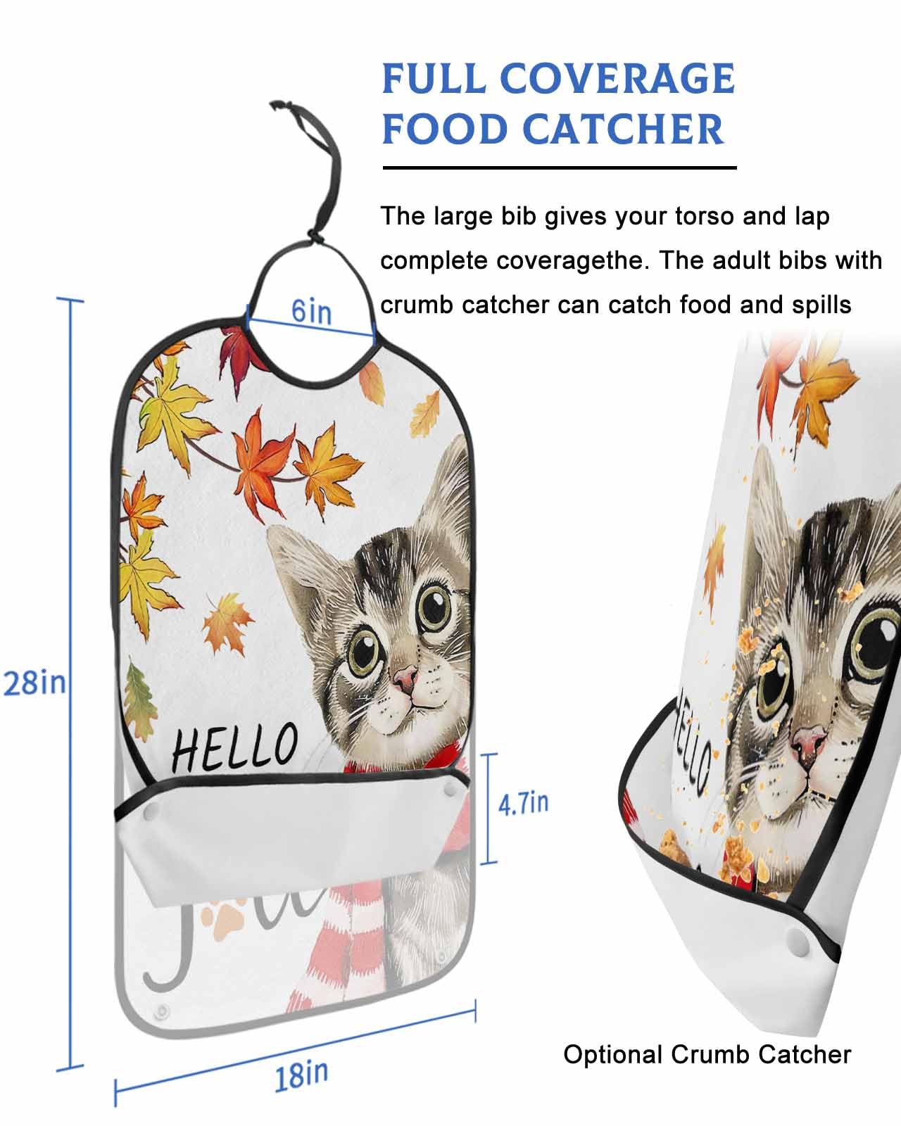 LEOKOTI Hello Fall Cat Adult Bibs for Eating, Waterproof Bibs with Food Catcher & Adjustable Snap Closure, Thanksgiving Maple Leaf Orange Washable Clothing Protectors Adult Bibs for Elderly Women/Men