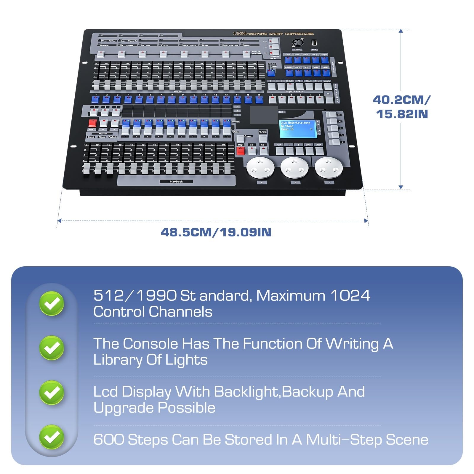 DMX-Controller, 1024 DMX Controller DJ Ausrüstung Dmx 512 Konsole Schwarz Große Bühne Beleuchtung Controller for Live Konzert KTV DJ Club für volle Kontrolle(Only Console)