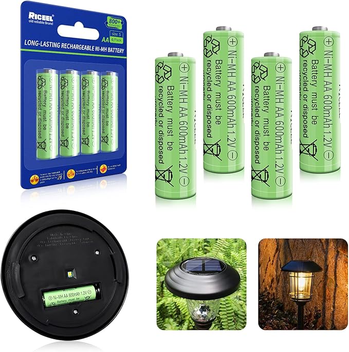 RICEEL Rechargeable AA Batteries for Solar Lights 600mAh