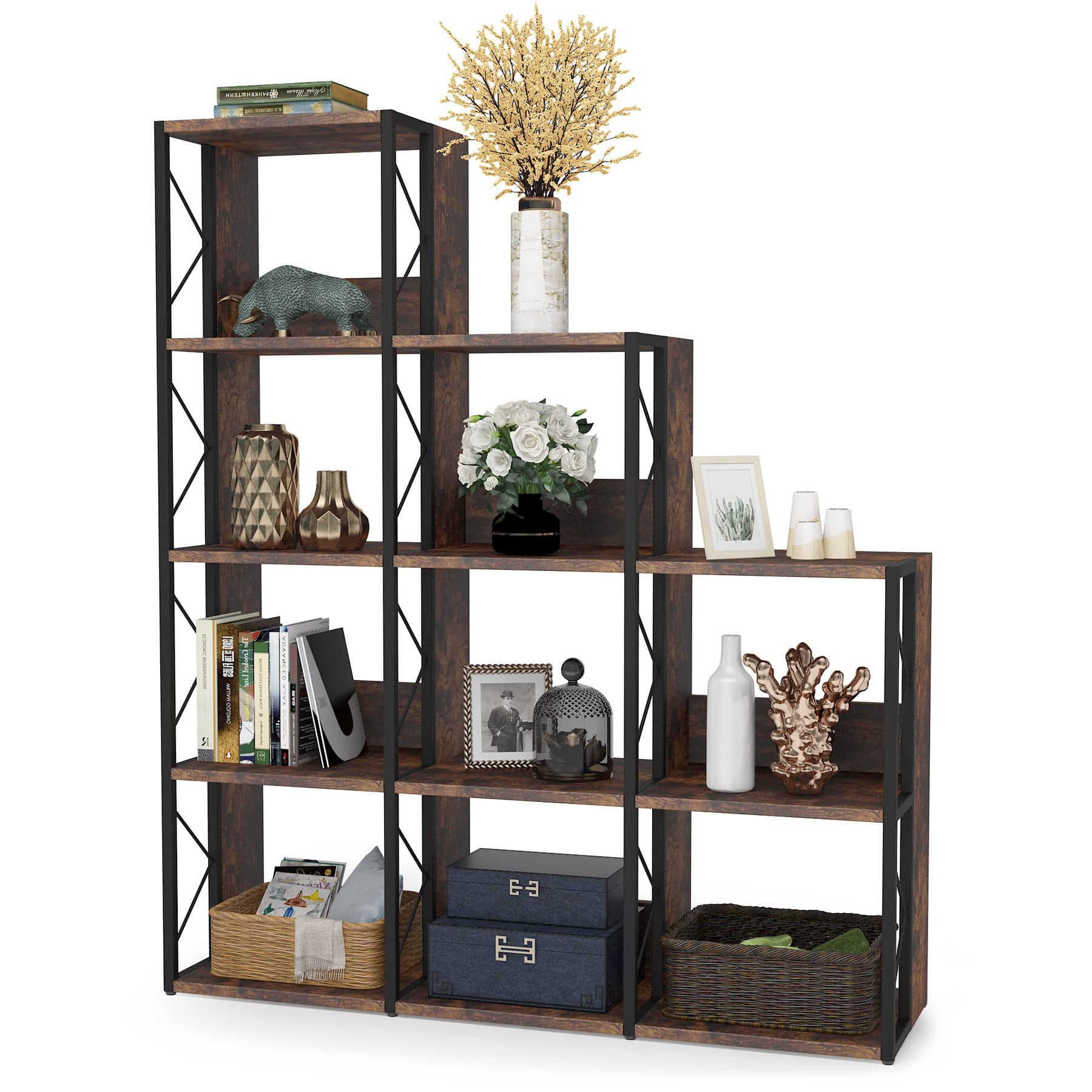 Buy Tribesigns 5 Tier Bookshelf Rustic Industrial Bookcase, 12 Shelves