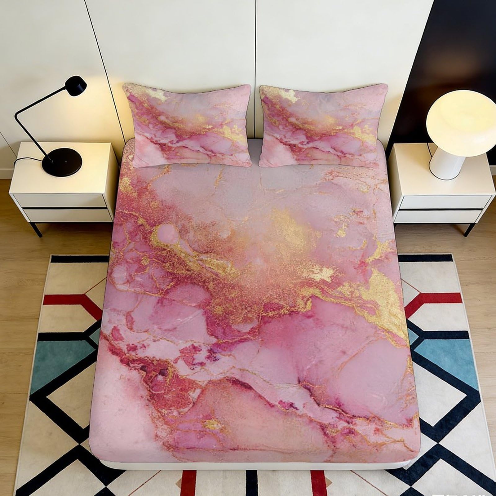3D Printed Pink Marble Fitted Sheet Microfiber Soft Gold Abstract Mattress Cover for Bedroom Dorm Easy Care 90x200x25cm