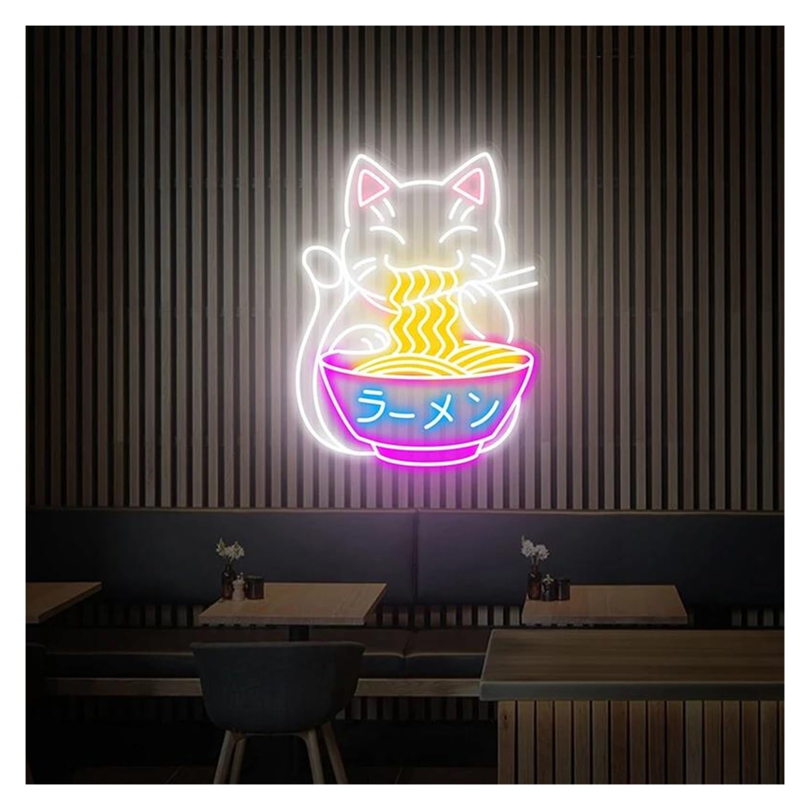 Lemst E Signs Lamp Fortun Cat Ramen Neon Sign Japanes Ramen Neon Signs Suitabl For Shop Wall Decor Neon Lights 50Cmx38cm(E)